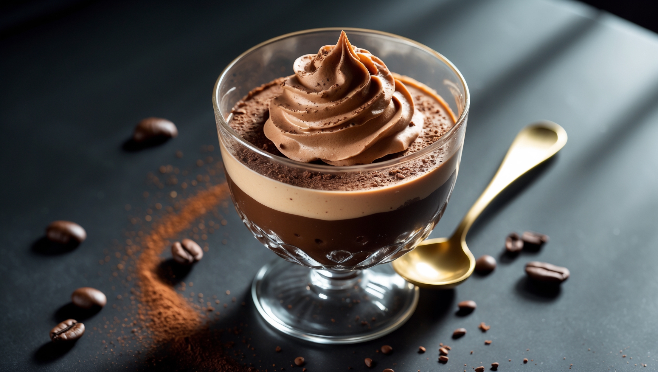 An overhead shot of a crystal dessert glass revealing distinct chocolate and coffee layers - the bottom layer a deep, rich chocolate mousse with a silky texture, topped with a caramel-colored dalgona coffee cream with characteristic light, whipped peaks. The glass sits on a matte black surface, with scattered coffee beans and chocolate shavings around the base. A delicate gold spoon leans against the glass, ready to break through the two contrasting layers. Natural light streams from one side, highlighting the glossy chocolate layer and the cloud-like texture of the dalgona topping. A light dusting of cocoa powder accentuates the marriage of coffee and chocolate flavors.