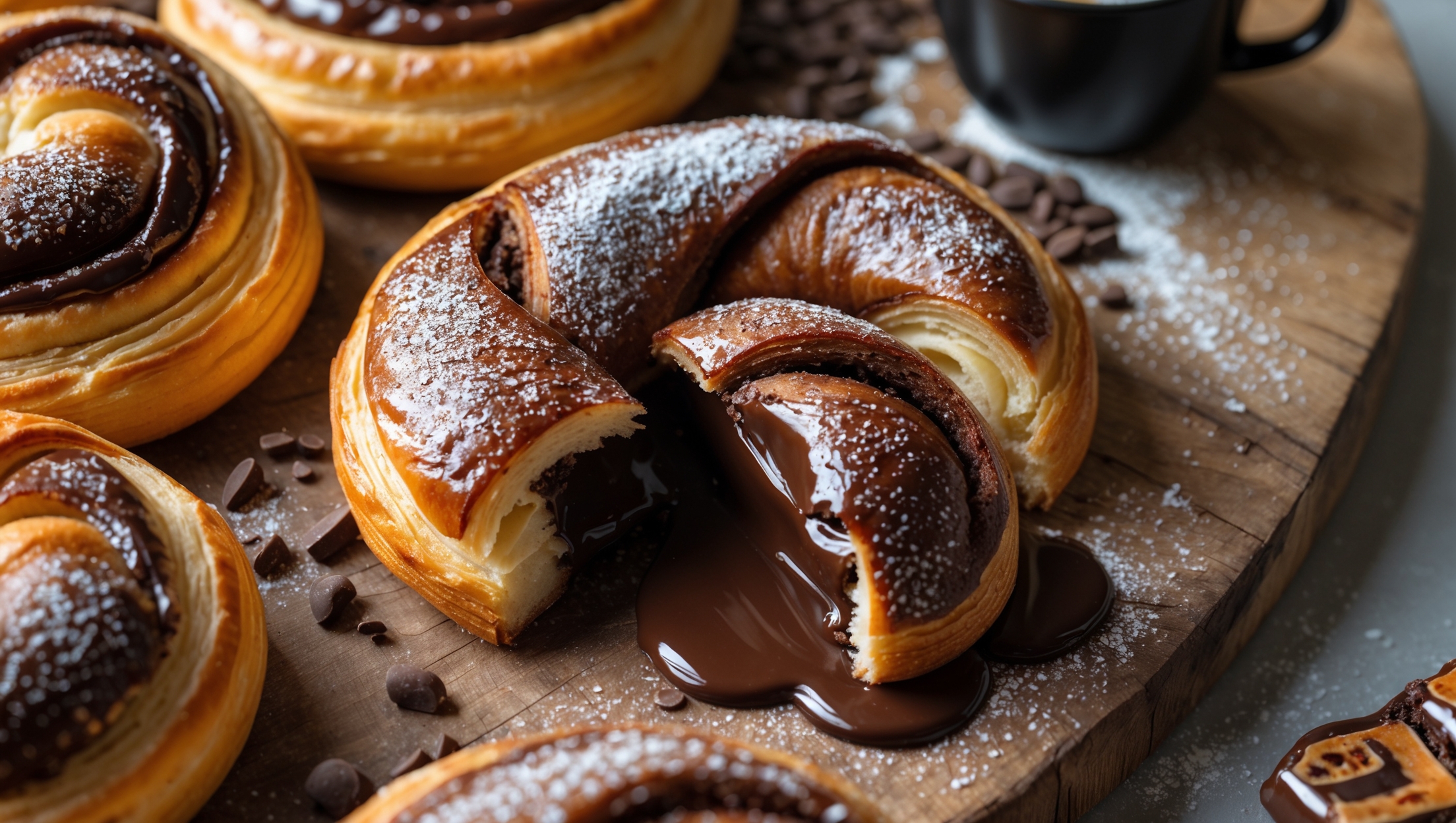 An overhead shot of golden-brown chocolate Danish pastries arranged on a rustic wooden board, with one Danish in the foreground cut open to reveal the glossy chocolate filling oozing slightly. Soft natural morning light highlights the flaky, laminated layers of the pastry and the sheen of the chocolate. A light dusting of powdered sugar creates contrast against the dark chocolate, while scattered cocoa nibs and a small pot of espresso sit nearby. The pastries show distinct, perfectly caramelized edges and an appetizing butter-rich sheen on their surfaces, capturing the irresistible texture contrast between crisp exterior and soft, chocolatey center.