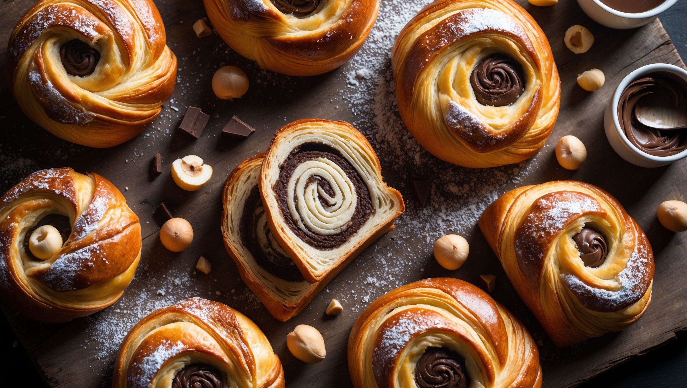 An overhead shot captures a dozen golden-brown chocolate hazelnut danishes arranged on a rustic wooden board, their laminated layers clearly visible. A cross-section view reveals the beautiful swirls of dark chocolate-hazelnut filling encased in multiple buttery pastry layers. Soft natural light streams in from the side, highlighting the glossy egg-wash finish and the toasted hazelnuts scattered on top. A light dusting of powdered sugar adds contrast against the amber pastry, while a small pot of extra chocolate-hazelnut spread sits nearby. A few scattered whole hazelnuts and chocolate pieces complete the composition, emphasizing the key flavors of this indulgent Danish pastry.