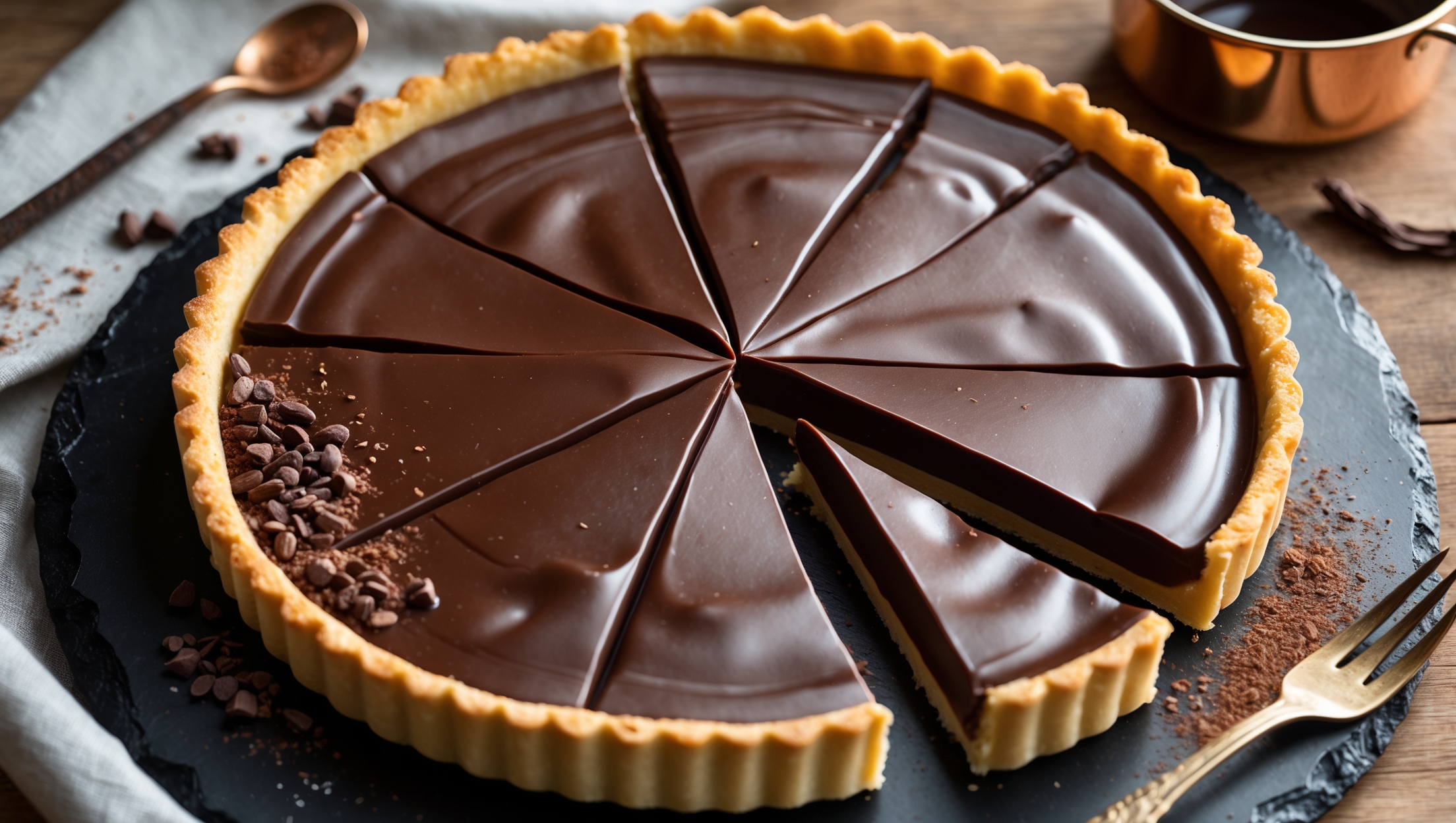 Overhead shot of a perfectly sliced chocolate custard tart on a vintage black slate serving board, showcasing the glossy, ganache-like surface of the chocolate filling against the golden, crisp pastry edge. Natural window light casts a gentle sheen across the tart's surface, highlighting its silky texture. A few scattered cocoa nibs and a light dusting of cocoa powder create artistic contrast against the deep chocolate filling. In the background, a small copper pot with remnants of custard and a vanilla pod hint at the homemade process, while a delicate fork rests beside a slice revealing the luscious, smooth chocolate filling that holds its shape when cut.