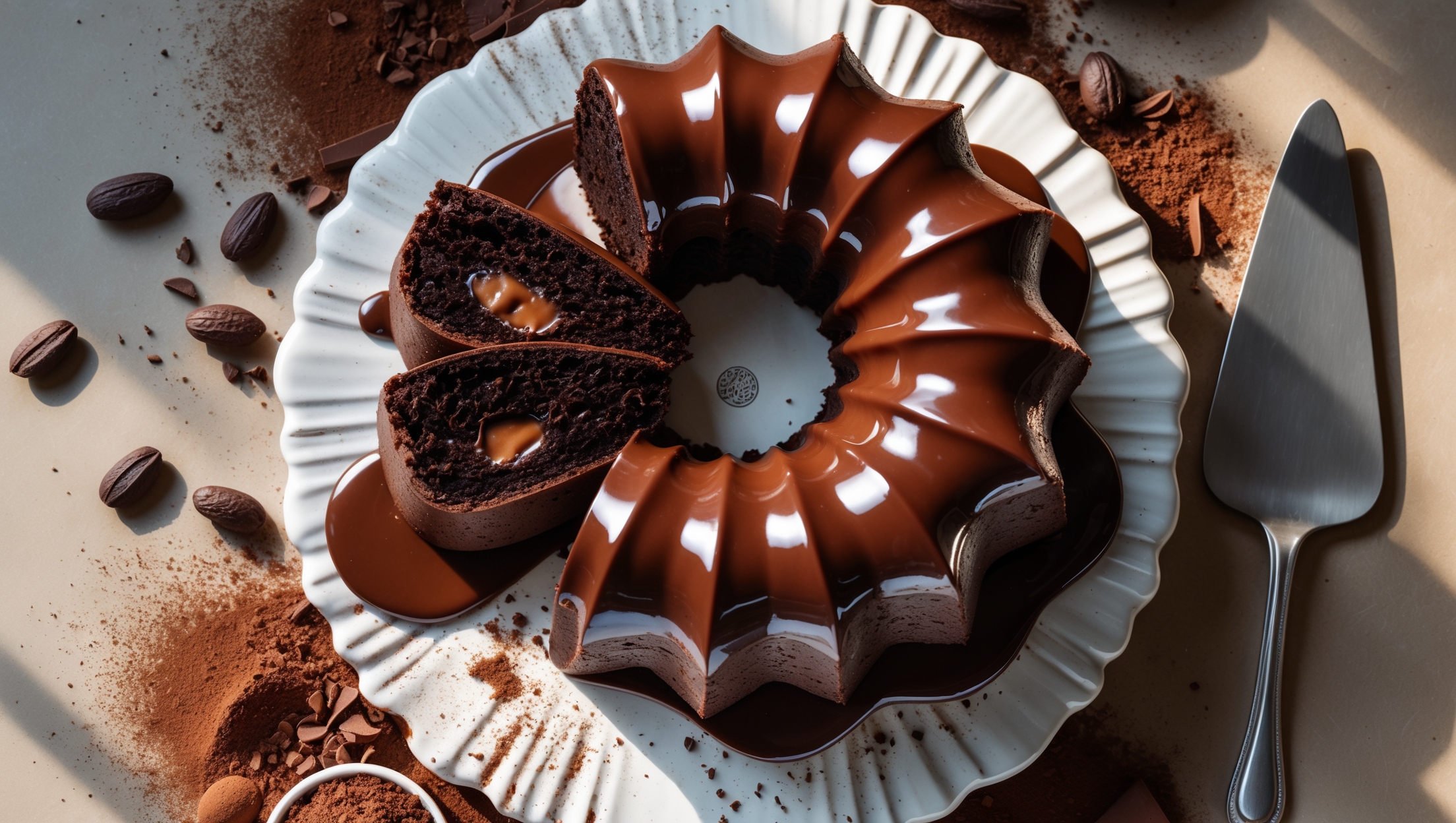 An overhead shot captures a perfectly formed chocolate bundt cake on a vintage white ceramic cake stand, its deep mahogany surface gleaming under soft natural light. A cross-section reveals the cake's incredibly moist, dense crumb with pockets of molten fudge running through the center. The glossy chocolate ganache cascades dramatically down the cake's signature ridges, pooling elegantly on the stand. Scattered around the base are a few whole cacao beans and delicate chocolate shavings, while a light dusting of cocoa powder adds dimension. The warm lighting emphasizes the multiple shades of chocolate brown, and a silver cake server rests nearby, with a perfect slice ready to be enjoyed.