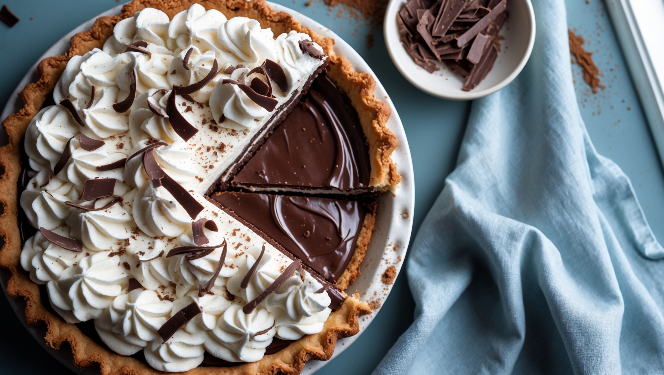 An overhead shot of a perfectly sliced chocolate cream pie revealing its contrasting layers - a golden-brown flaky crust, deep mahogany chocolate filling, and cloud-like whipped cream topping garnished with chocolate curls. The pie rests on a vintage white ceramic cake stand against a soft blue linen backdrop. Natural window light catches the glossy sheen of the chocolate filling while highlighting the delicate swirls of cream. In the background, scattered cocoa powder and a small bowl of chocolate shavings add context and depth to the composition, emphasizing the rich, indulgent nature of this classic dessert.