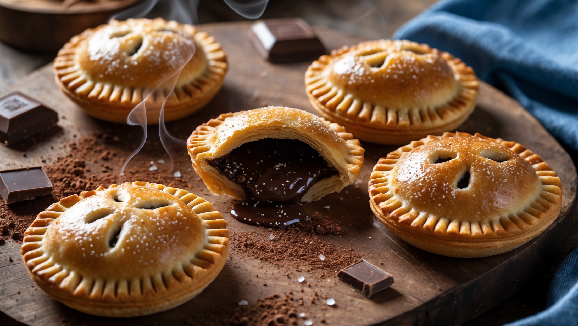Overhead shot of golden-brown chocolate hand pies arranged on a rustic wooden serving board, with one broken open to reveal the luscious dark chocolate filling oozing slightly. Soft natural light highlights the flaky pastry layers and crimped edges dusted with sparkling sugar crystals. In the background, a scattering of cocoa powder and chocolate chunks adds context, while a vintage blue linen napkin provides color contrast. Steam rises gently from the freshly baked pies, suggesting warmth and emphasizing the homemade quality of these portable chocolate treats.