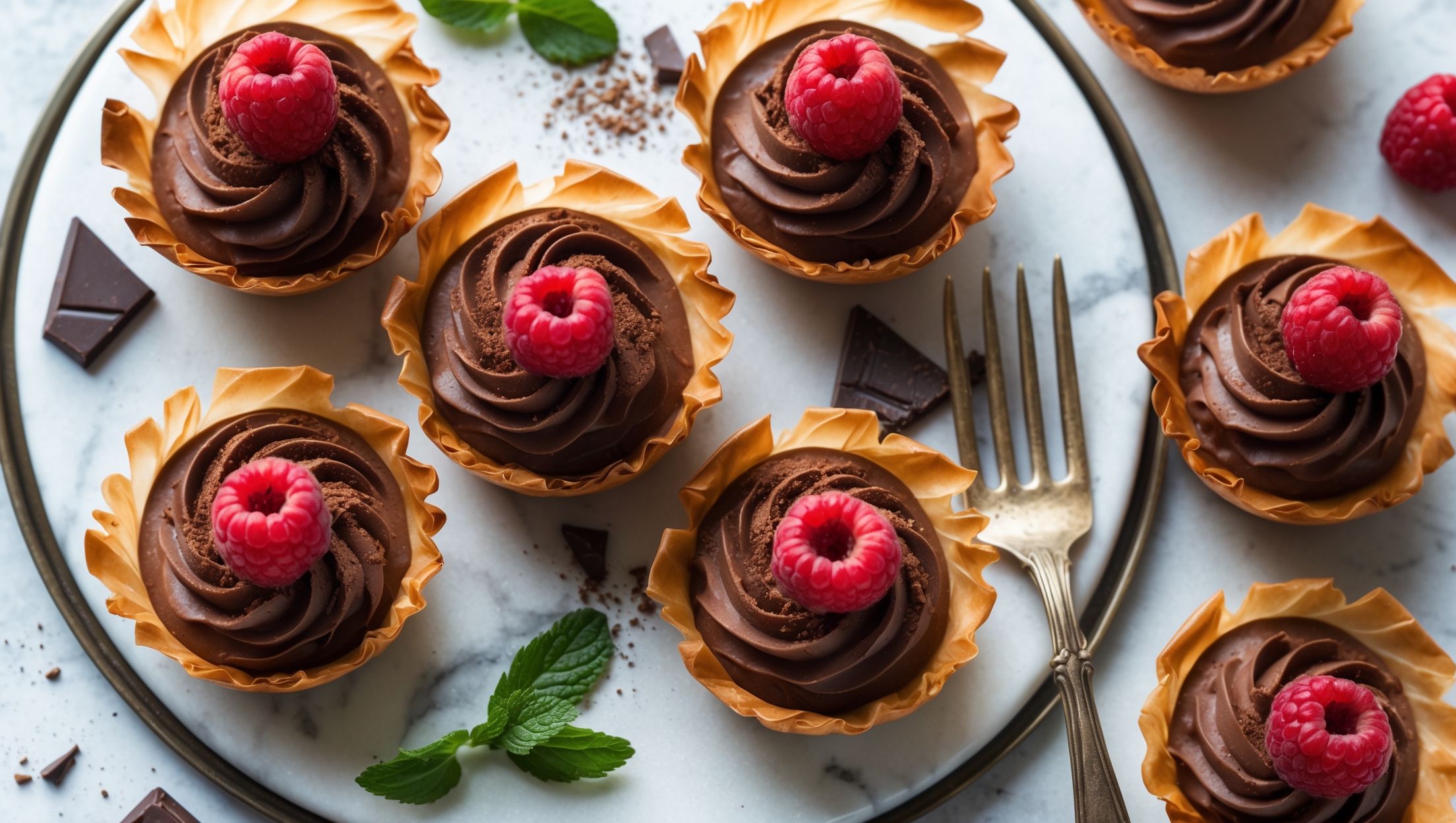 An overhead shot of six chocolate mousse phyllo cups arranged on a white marble serving platter, each delicate cup glistening with a golden-brown sheen under soft natural lighting. The dark chocolate mousse is piped in perfect swirls, topped with fresh raspberries and a light dusting of cocoa powder creating striking color contrast. A few scattered chocolate shavings and mint leaves surround the cups, while one cup is positioned slightly apart showing its flaky, layered texture. The background reveals scattered ingredients—chocolate pieces and fresh berries—suggesting homemade craftsmanship, while a vintage silver dessert fork rests beside one cup, inviting indulgence.