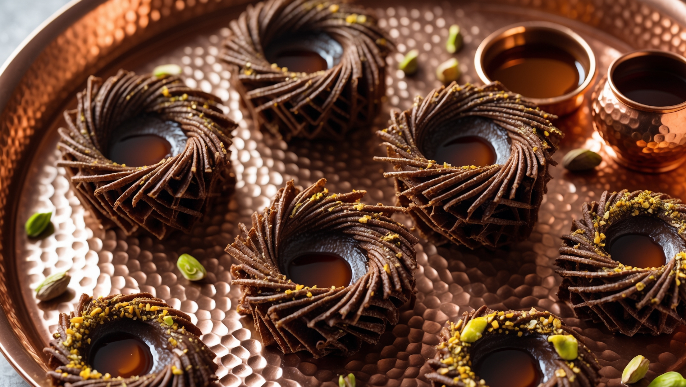 An overhead shot of chocolate kadaifi pastry nests arranged on a hammered copper serving tray, their golden-brown threads glistening with honey syrup. A cross-section view reveals the luscious dark chocolate ganache filling contrasted against the crispy exterior. Soft natural light highlights the textural details of the shredded pastry while creating gentle shadows that emphasize the dessert's intricate structure. Several pieces are garnished with crushed pistachios and edible gold dust, with a small copper pot of extra honey syrup and scattered whole pistachios strategically placed nearby. The deep chocolate tones and amber honey create a warm color palette that emphasizes the dessert's Middle Eastern heritage with contemporary chocolate luxury.