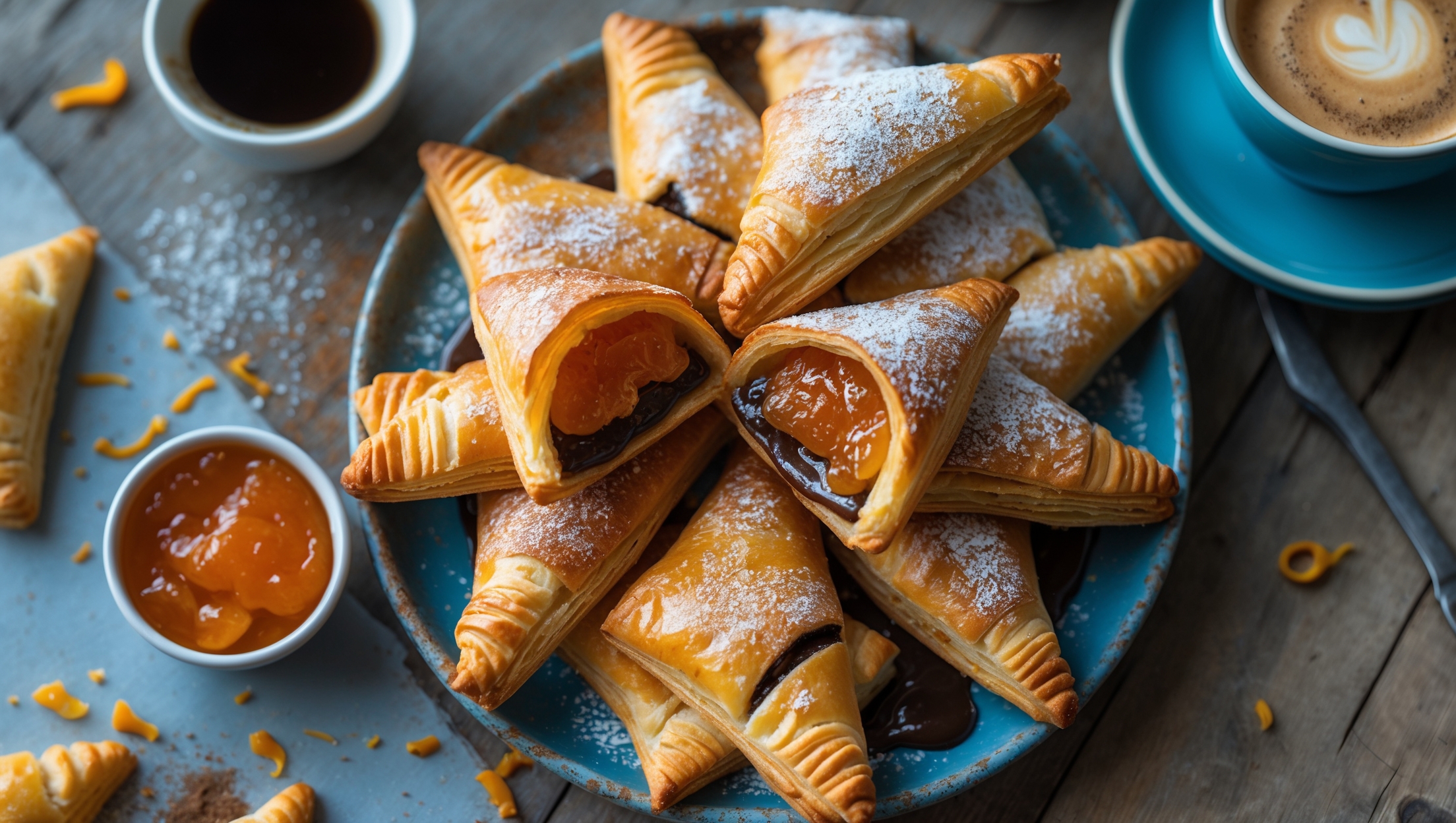 An overhead shot of golden-brown triangular pastries arranged on a vintage blue ceramic platter, with a cross-section view showing the melted chocolate and orange marmalade filling oozing from one pastry. Captured in soft morning light, the scene includes scattered orange zest, cocoa powder, and a small bowl of extra orange marmalade. The pastries' flaky layers are clearly visible, with a light dusting of powdered sugar creating beautiful contrast against the caramelized edges. A steaming cup of coffee sits in the background on a rustic wooden table, suggesting the perfect pairing for these indulgent treats.