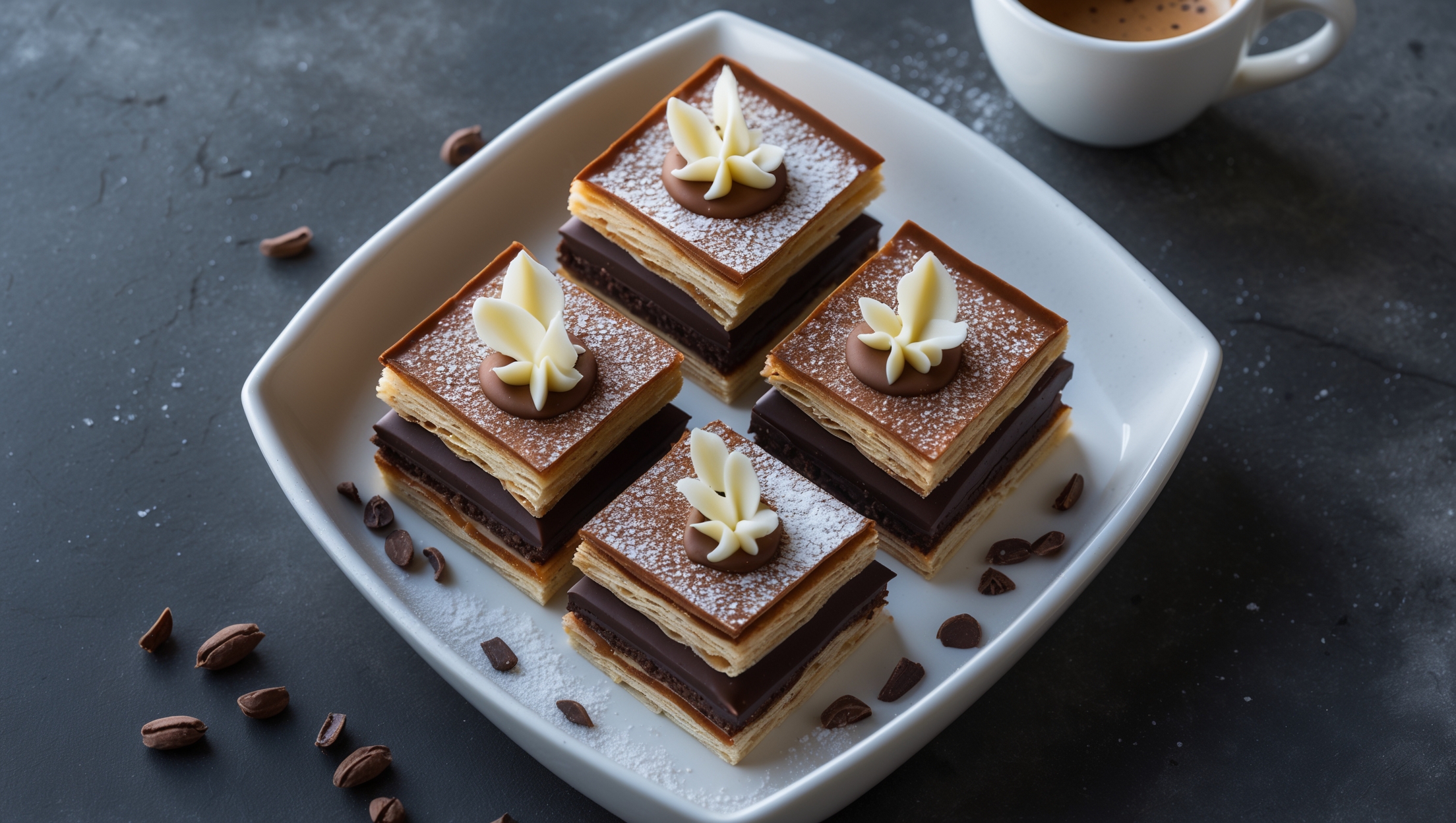 An overhead shot showcases the geometric perfection of this chocolate mille-feuille, with precisely cut rectangular portions revealing three distinct layers of golden-brown puff pastry. The cross-section view highlights the contrast between the flaky, caramelized pastry and the velvety dark chocolate pastry cream. Soft natural light captures the glossy shine of the chocolate ganache topping, decorated with delicate white chocolate feathering. The dessert is presented on a minimalist white ceramic plate against a dark stone surface, with scattered cocoa nibs and a dusting of powdered sugar adding textural interest. A small espresso cup sits alongside, suggesting the perfect pairing for this rich chocolate creation.
