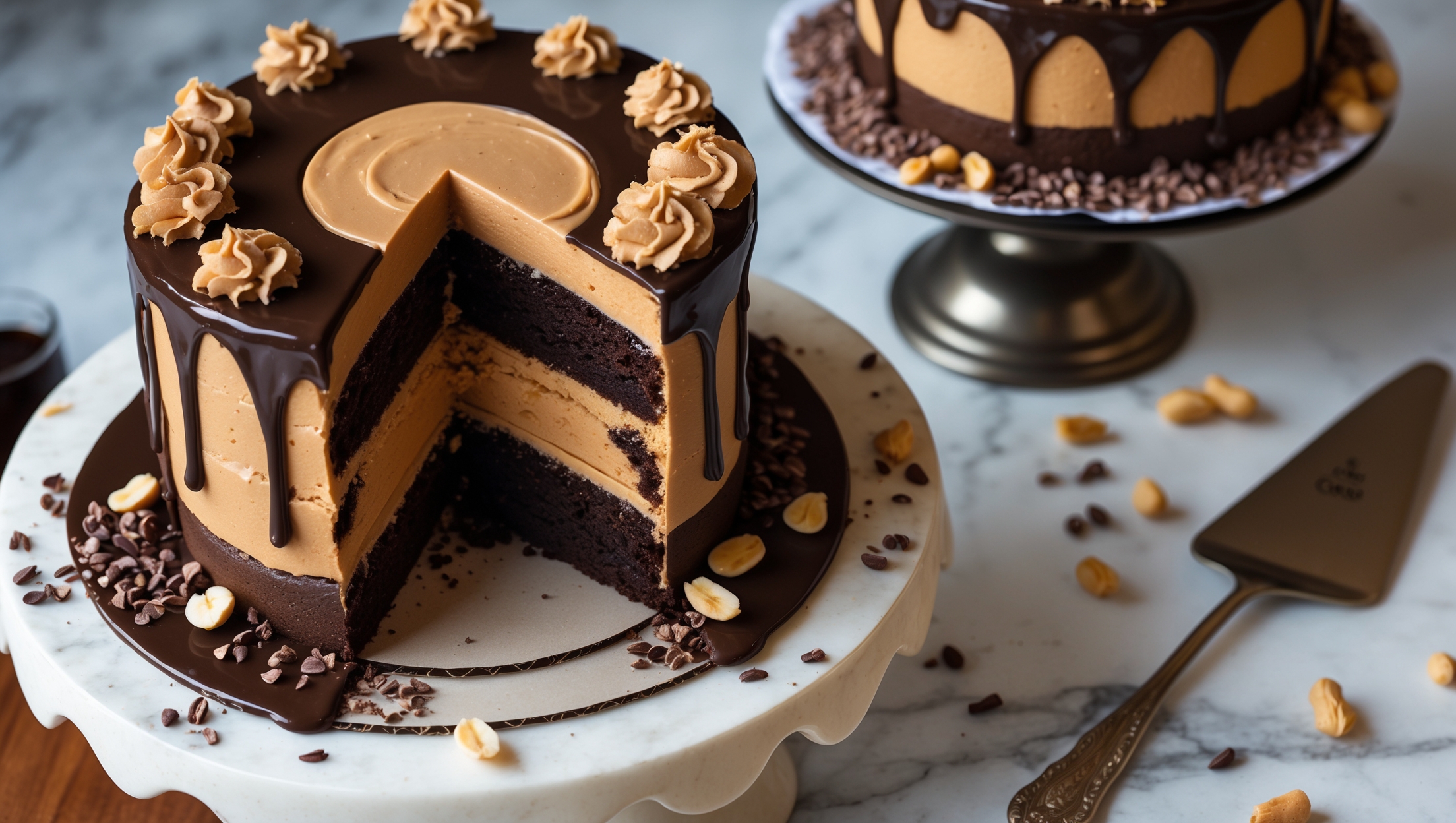 Overhead shot of a three-layer chocolate cake with peanut butter frosting visible between each tier, glossy chocolate ganache cascading down the sides in elegant drips. Soft natural light highlights the contrasting textures between the moist chocolate crumb and creamy peanut butter filling. A cross-section slice reveals perfect layers on a vintage cake stand, surrounded by scattered cocoa nibs and peanuts. The cake sits on a marble surface alongside a silver cake server, with a warm amber glow emphasizing the rich brown chocolate and caramel tones of the peanut butter elements.