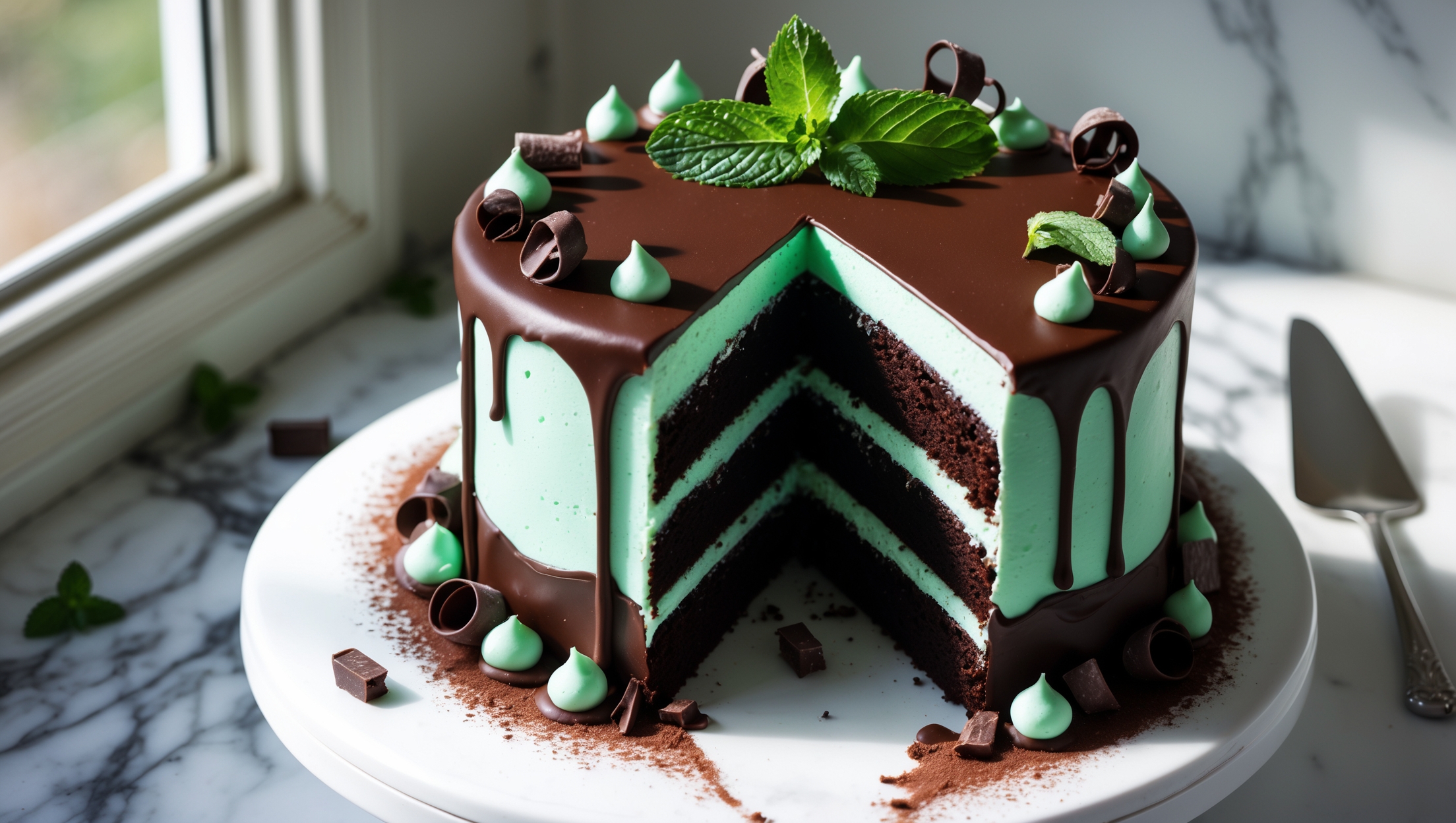 An overhead shot of a three-layer chocolate cake with mint green buttercream visible between each tier. The cake is frosted with glossy chocolate ganache that drips elegantly down the sides, catching the soft natural light from a nearby window. The top is decorated with fresh mint leaves, chocolate curls, and a few scattered Andes mints. A slice has been removed, revealing the perfect contrast between the moist dark chocolate layers and vibrant mint frosting. The cake sits on a white cake stand against a marble countertop, with a sterling silver cake server placed alongside it. A dusting of cocoa powder adds depth to the composition, while the velvety texture of the cake crumb is visible in the cut slice.