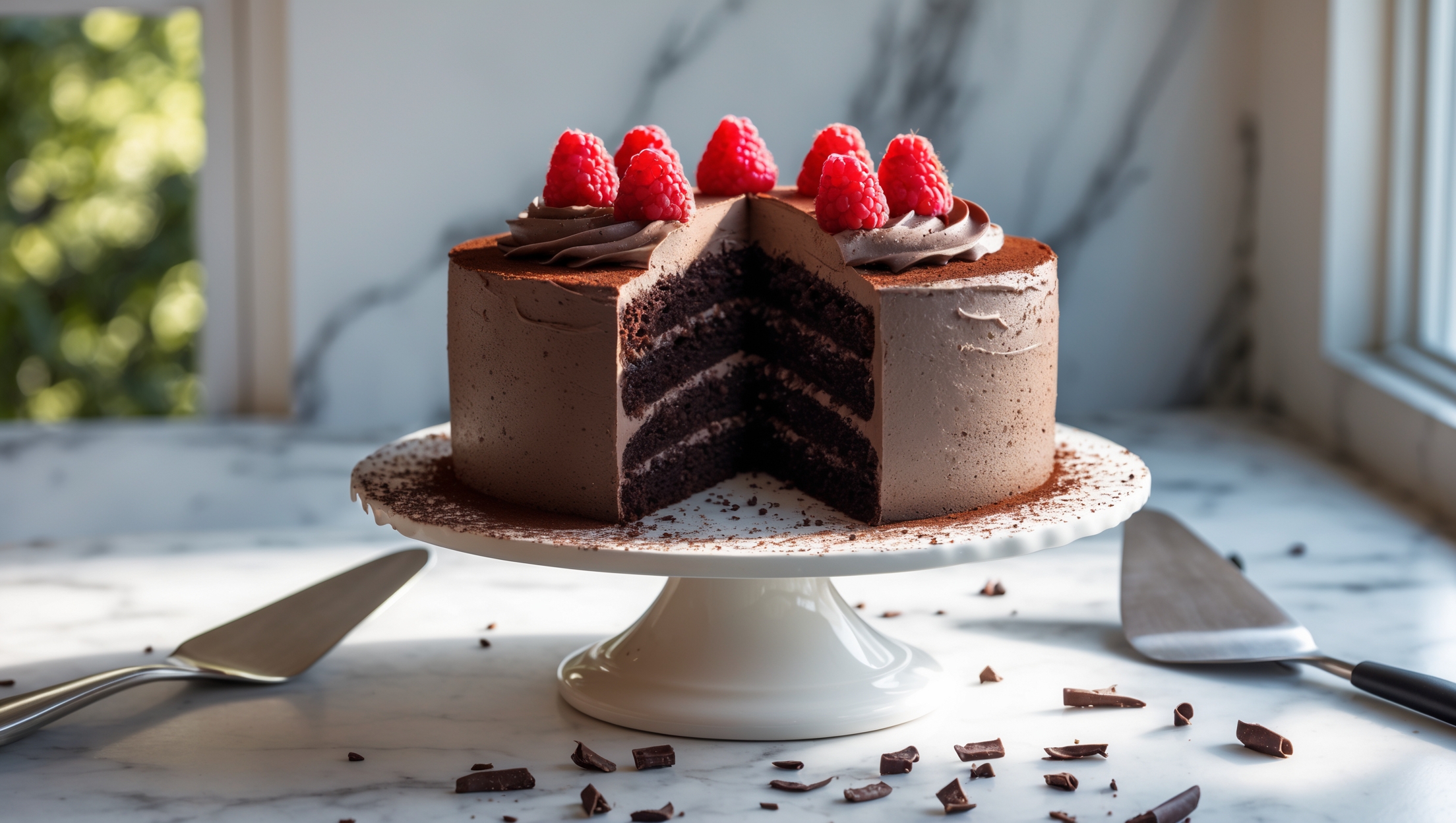 A three-layer chocolate cake stands proudly on a white ceramic cake stand, bathed in soft natural light streaming through a nearby window. The deeply colored chocolate frosting is applied with elegant swirls that catch the light, while the cross-section reveals moist, tender cake layers with perfect crumb structure. A few strategically placed fresh raspberries add vibrant red contrast against the dark chocolate exterior, with a light dusting of cocoa powder adding dimension. A silver cake server rests nearby on the marble countertop, with scattered cacao nibs and chocolate curls surrounding the base of the cake stand, hinting at the intense chocolate flavor within.