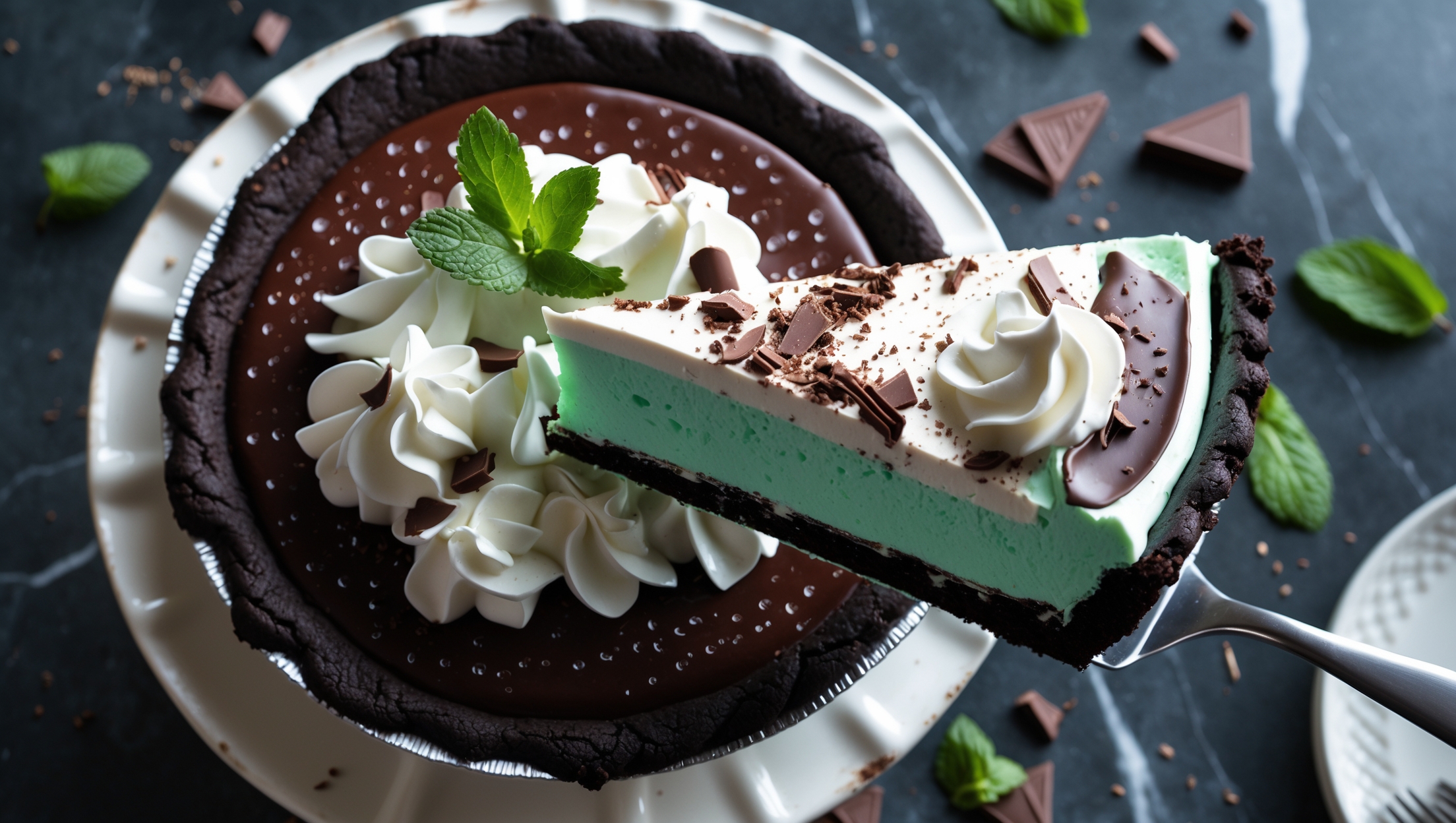 An overhead shot of a Chocolate Mint Cream Pie showcasing the perfect slice being lifted to reveal three distinct layers: a dark chocolate cookie crust, vibrant mint green cream filling, and glossy chocolate ganache topped with delicate swirls of fresh whipped cream. The pie is photographed on a vintage white cake stand against a dark marble countertop in soft natural light, with scattered fresh mint leaves and chocolate shavings adding dimension. Condensation beads on the cool mint filling highlight its refreshing nature, while the clean slice displays the satisfying contrast between the crunchy crust and smooth filling.