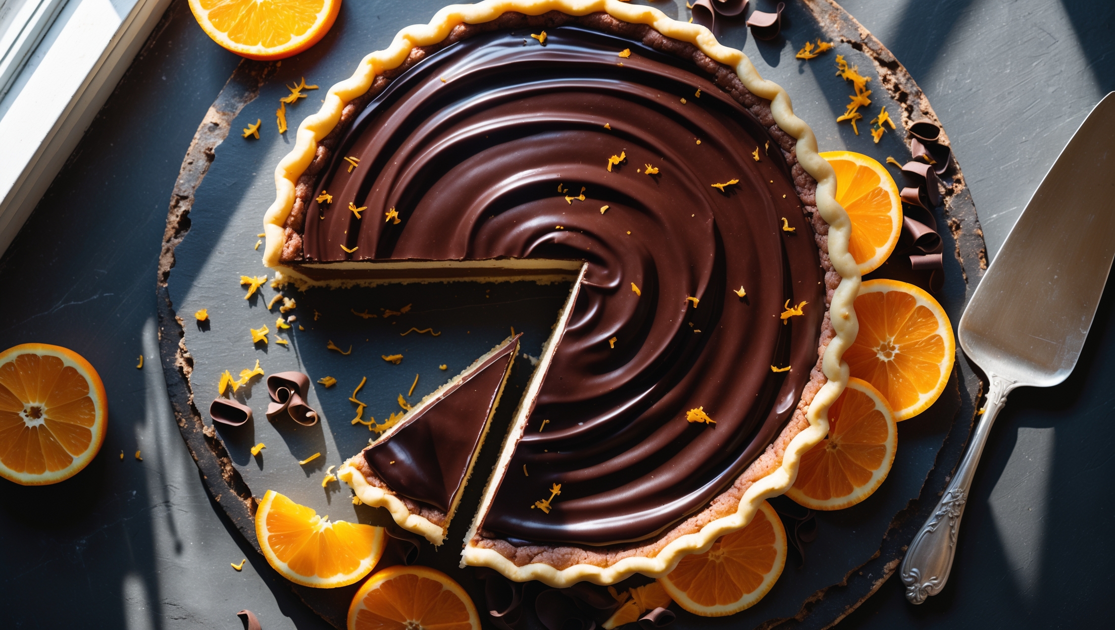 An overhead shot of a glossy Chocolate Orange Cream Pie, with a slice being removed to reveal perfect layers of dark chocolate ganache and orange-flecked cream on a chocolate cookie base. The surface catches the soft natural light streaming through a nearby window, highlighting the pie's reflective chocolate surface and delicate orange zest garnish. The pie rests on a distressed white ceramic cake stand against a dark slate backdrop, with fresh orange slices and chocolate curls scattered artfully around the edge, and a vintage silver cake server poised beside the cut slice.