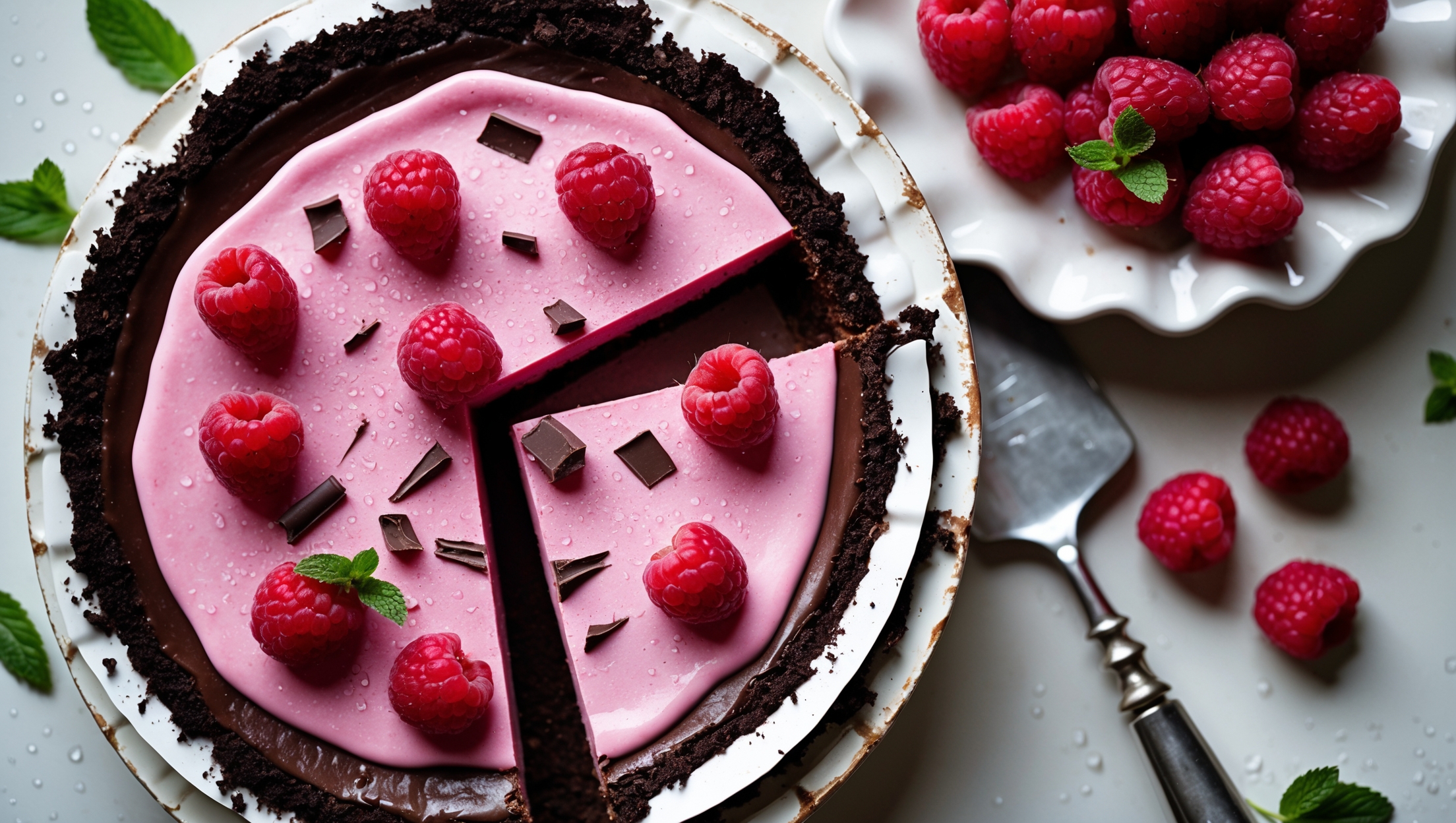 An overhead shot of the Chocolate Raspberry Cream Pie shows the striking color contrast between the deep chocolate base and vibrant pink raspberry cream topping, garnished with plump fresh raspberries and chocolate shavings. A cross-section reveals three distinct layers - a crisp chocolate crust, silky dark chocolate filling, and airy raspberry cream. Captured in soft natural light on a vintage white cake stand, with scattered fresh raspberries and mint leaves adding visual interest. A silver pie server rests nearby, ready to slice through the luscious layers as tiny droplets of condensation on the berries suggest cool freshness against the rich chocolate.