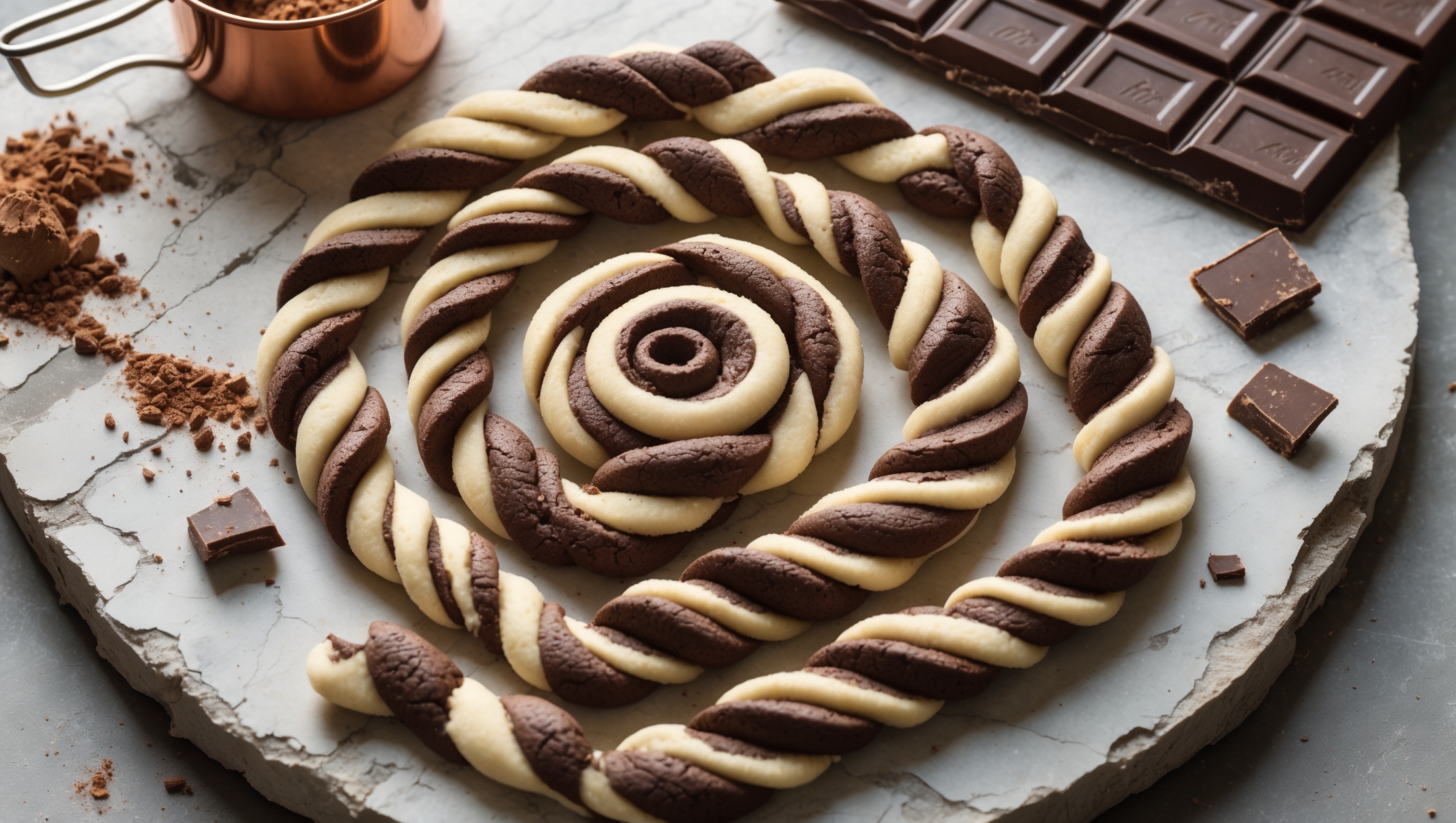 Overhead shot of perfectly spiraled chocolate pinwheel cookies arranged in a herringbone pattern on a weathered marble slab. A cross-section view reveals the distinct chocolate and vanilla layers winding into a perfect spiral. Soft natural light highlights the slight sheen on the cookies' surface, while creating gentle shadows that emphasize their hypnotic swirl pattern. In the background, a vintage copper measuring cup filled with cocoa powder and a partially unwrapped bar of dark chocolate hint at the recipe's ingredients. Scattered crumbs and a few loose cookies with visible layers showcase the crisp, buttery texture and perfect balance of light vanilla and deep chocolate tones.
