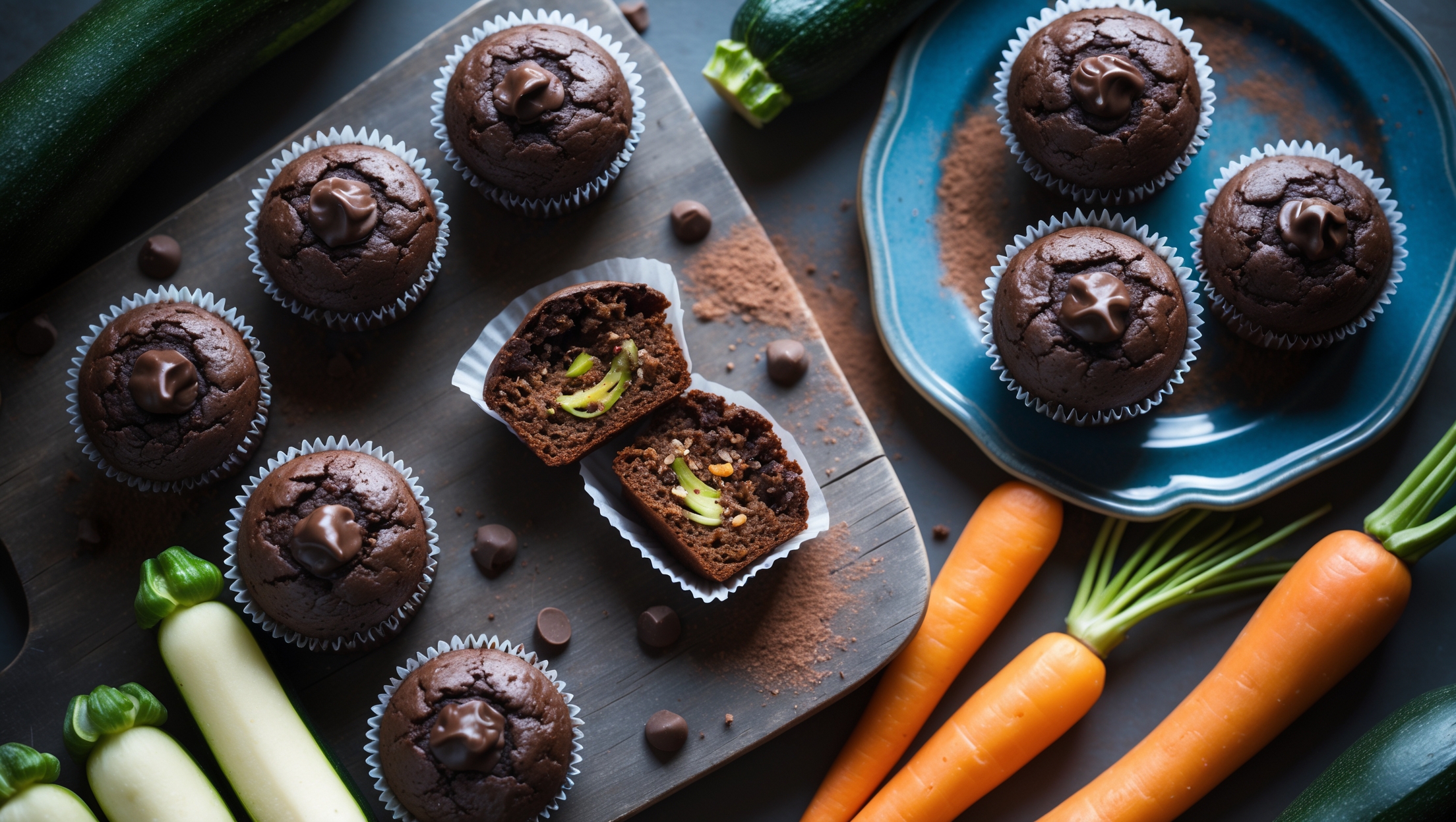 An overhead shot of freshly baked chocolate veggie muffins arranged on a rustic wooden board, with one muffin cut in half to reveal its moist, dark crumb studded with tiny vegetable flecks. The tops are glossy with a slight dome and a few chocolate chips scattered across the surface. Soft natural light streams in from a side window, highlighting the contrast between the deep chocolate-brown muffins and vibrant pieces of fresh zucchini and carrots arranged artistically around the board. A vintage blue ceramic plate holds a few complete muffins, with a light dusting of cocoa powder adding depth and texture to the scene.