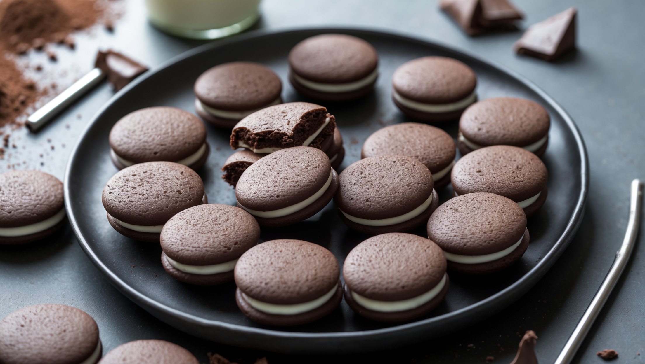 An overhead shot of perfectly round chocolate sandwich cookies arranged in a spiral pattern on a matte black ceramic plate, with one cookie broken in half revealing the contrasting creamy white filling. Shot in soft natural light that accentuates the cookies' slight sheen and deep chocolate color. In the background, out-of-focus elements include a vintage milk bottle with a metal straw, scattered cocoa powder, and fresh chocolate chunks. A close-up captures the textural details - slightly crackled cookie surfaces with a tender crumb and the smooth, pristine filling that peeks out between the chocolate layers.