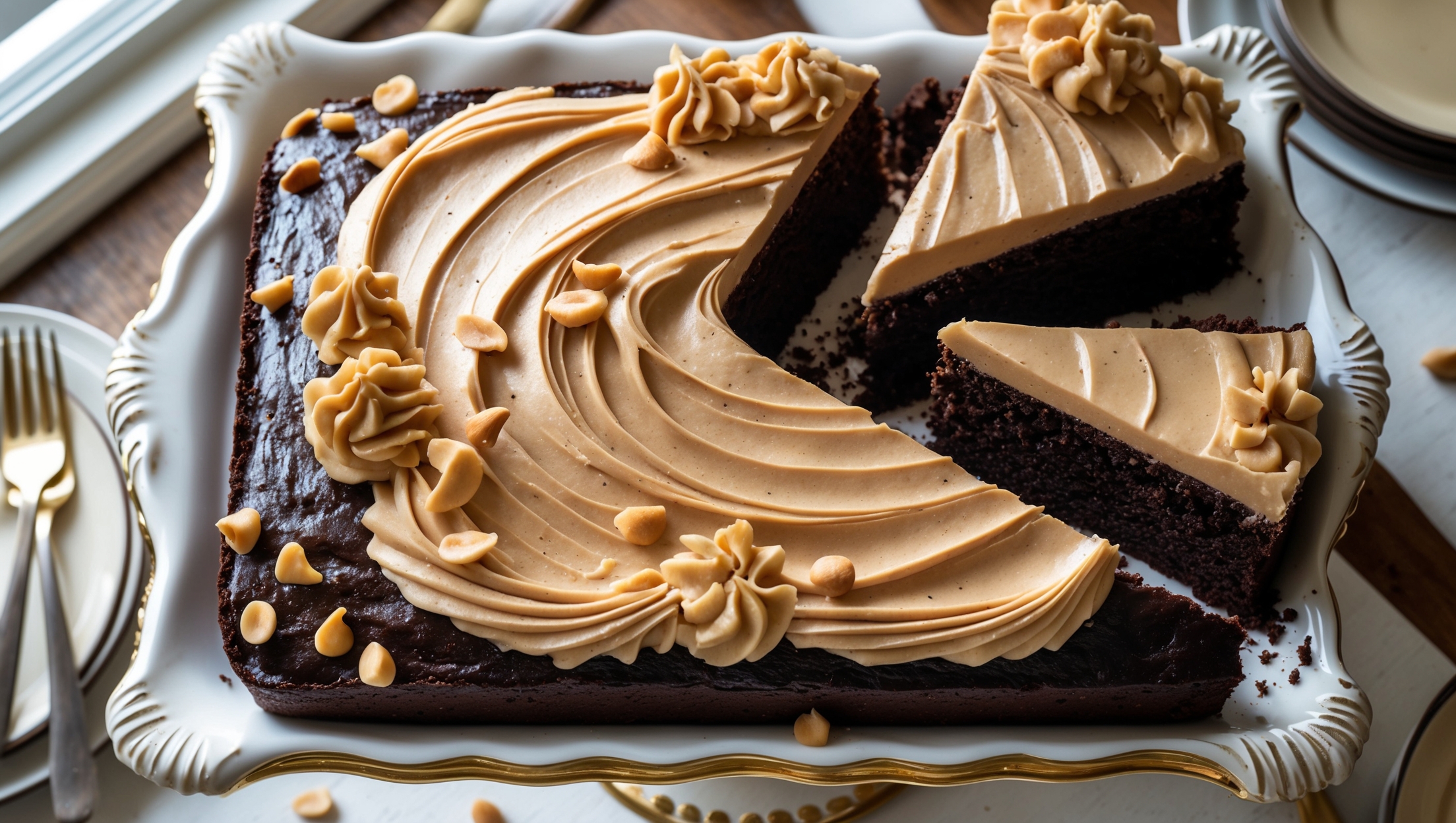 An overhead shot of a rectangular chocolate sheet cake with a thick, glossy peanut butter frosting swirled on top. A corner piece has been cut, revealing the moist, dark chocolate crumb beneath the smooth frosting. Natural light streams in from a window, highlighting the luscious texture of both cake and frosting. Several chopped peanuts and mini chocolate chips are scattered artfully around the edges for garnish, creating visual contrast against the creamy frosting. The cake rests on a vintage white cake stand with gold trim, surrounded by small dessert plates and forks, ready for serving.