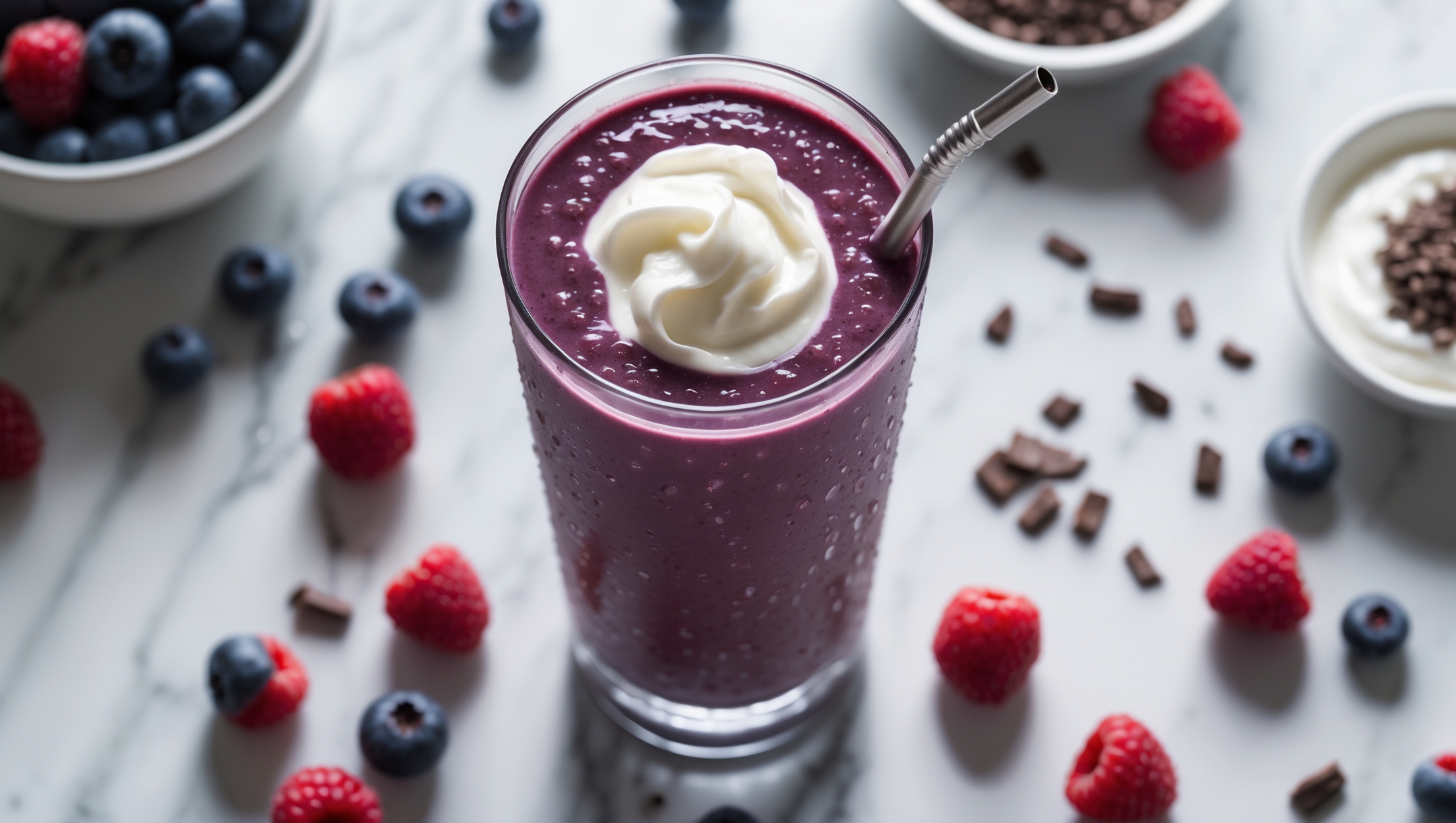 An overhead shot of a tall glass filled with a deep purple-chocolate smoothie, topped with a swirl of coconut cream and scattered with fresh berries. Captured in bright natural light highlighting the smooth texture and vibrant color contrast between the dark smoothie and bright berries. A scattered arrangement of fresh raspberries, blueberries, protein powder scoop, and cacao nibs surround the glass on a light marble counter, with condensation beading on the glass suggesting refreshing coldness. A metal straw tilts from the glass, ready for sipping, while a small bowl of Greek yogurt sits nearby, suggesting the creamy component of this protein-rich blend.