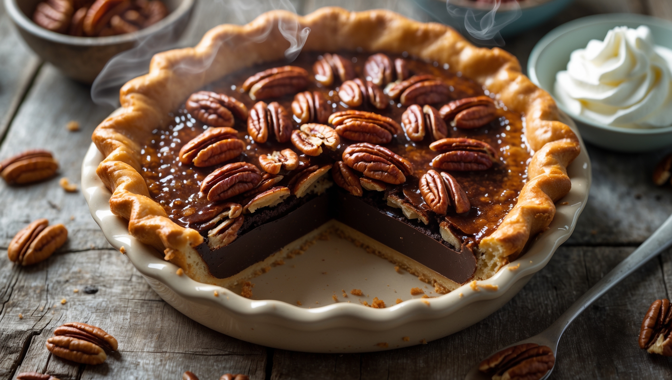Overhead shot of a slice being lifted from a rustic ceramic pie dish, revealing the glossy chocolate layer beneath the caramelized pecan top. The cross-section shows three distinct layers: a golden, flaky crust, a velvety dark chocolate filling, and a crown of toasted pecans glistening with syrup. Captured in soft natural light on a weathered wooden table with scattered pecan halves and a small bowl of whipped cream nearby. Steam rises subtly from the freshly cut slice, highlighting the warm, inviting nature of this indulgent dessert.