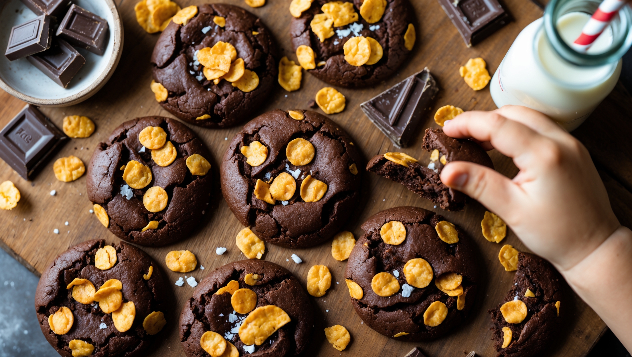 An overhead shot captures a rustic wooden board scattered with chocolate-cornflake cookies in various states – some whole, some broken to reveal their textured interior. The cookies gleam under soft natural light that highlights their glossy chocolate coating and the distinctive golden cornflake pieces embedded throughout. In the background, a vintage milk bottle with a paper straw sits beside a small bowl of loose cornflakes and chunks of quality dark chocolate. A child's hand reaches for a cookie, creating a sense of irresistible temptation. The contrast between the deep cocoa brown cookies and the caramel-colored cornflakes creates visual interest, while a light dusting of sea salt crystals catches the light, hinting at the sweet-salty flavor profile.