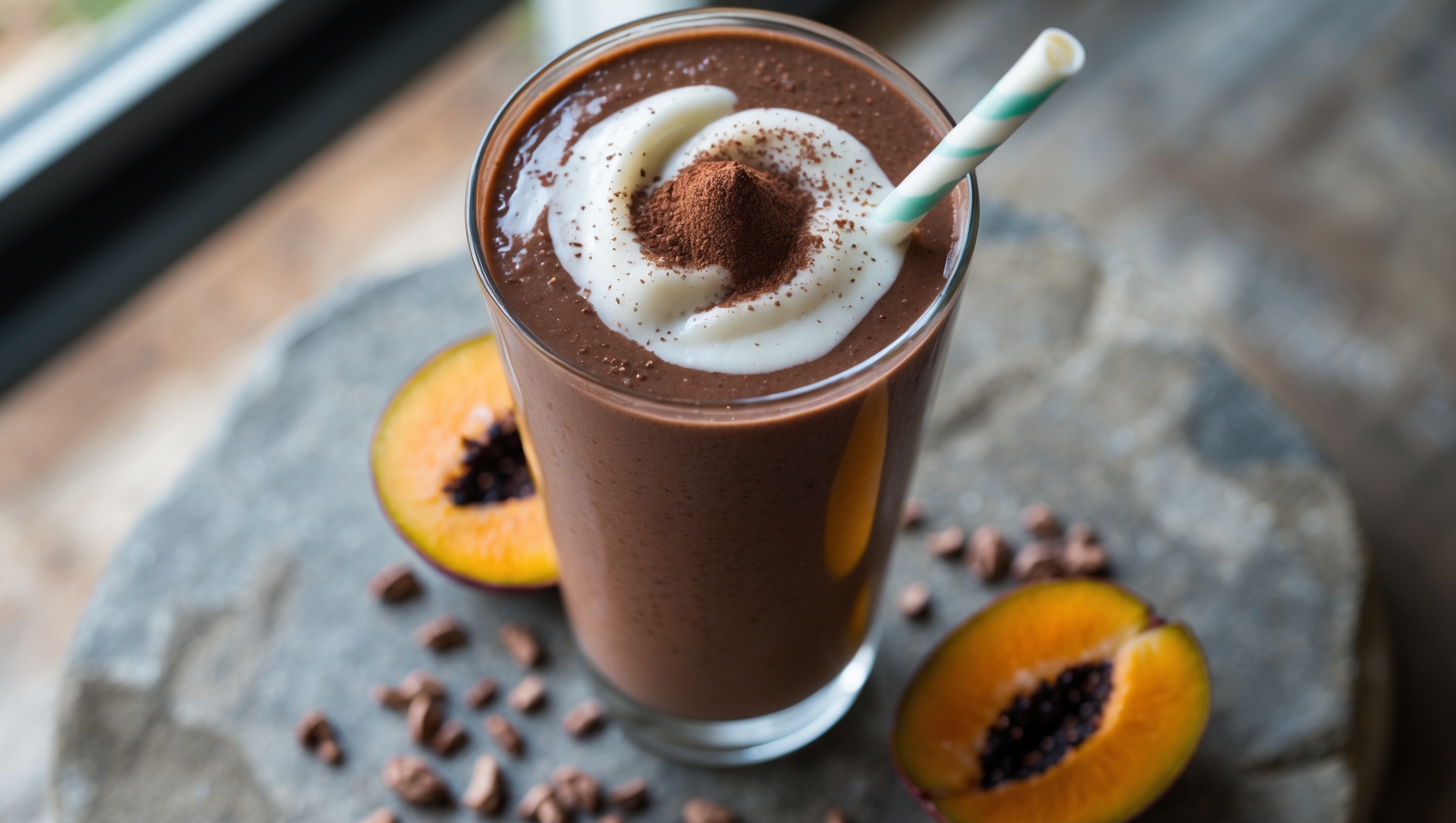 An overhead shot of a tall glass filled with a rich, chocolate-brown smoothie topped with swirls of coconut cream and a light dusting of cacao powder. The smoothie's silky texture is evident as it clings to the sides of the clear glass, catching the soft natural light streaming through a nearby window. Fresh sapote fruit slices and cacao nibs are artfully scattered around the base of the glass on a natural stone surface, while a reusable straw stands at attention, ready for sipping. The contrast between the dark smoothie, white cream, and the sapote's orange-brown flesh creates visual interest, showcasing the natural ingredients that give this beverage its distinctive color and flavor.
