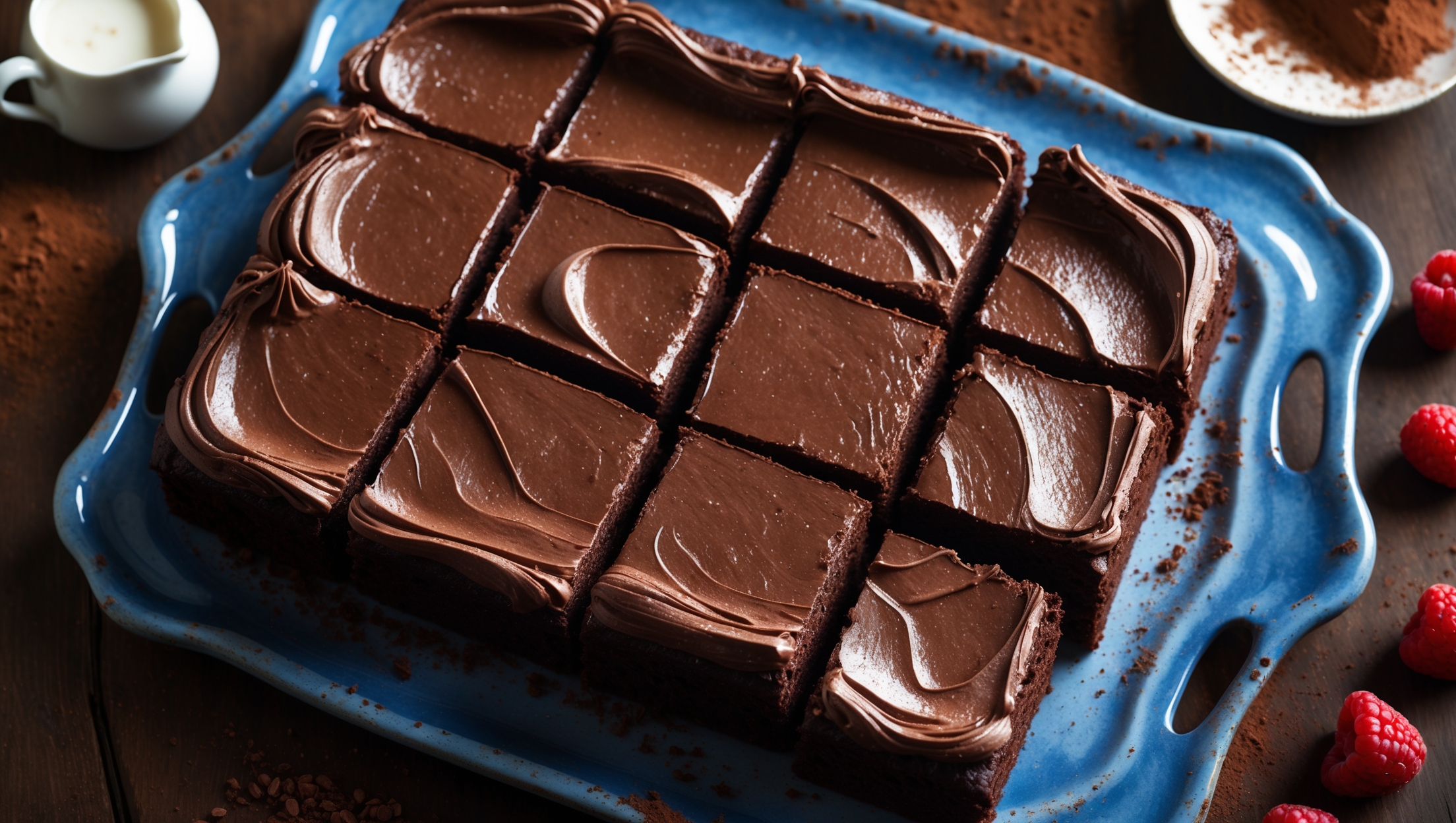 An overhead shot of a perfectly baked chocolate sheet cake on a vintage blue ceramic platter, cut into generous squares revealing its moist, tender crumb. Glistening chocolate frosting covers the top in a silky layer, with a few pieces displaying fork marks where eager tasters couldn't resist. Soft natural light highlights the deep cocoa color and glossy surface, creating shadows that emphasize the cake's density. In the background, a scattering of cocoa powder and a small pitcher of cream suggest serving possibilities, while fresh berries add bright color contrast against the deep chocolate tones.