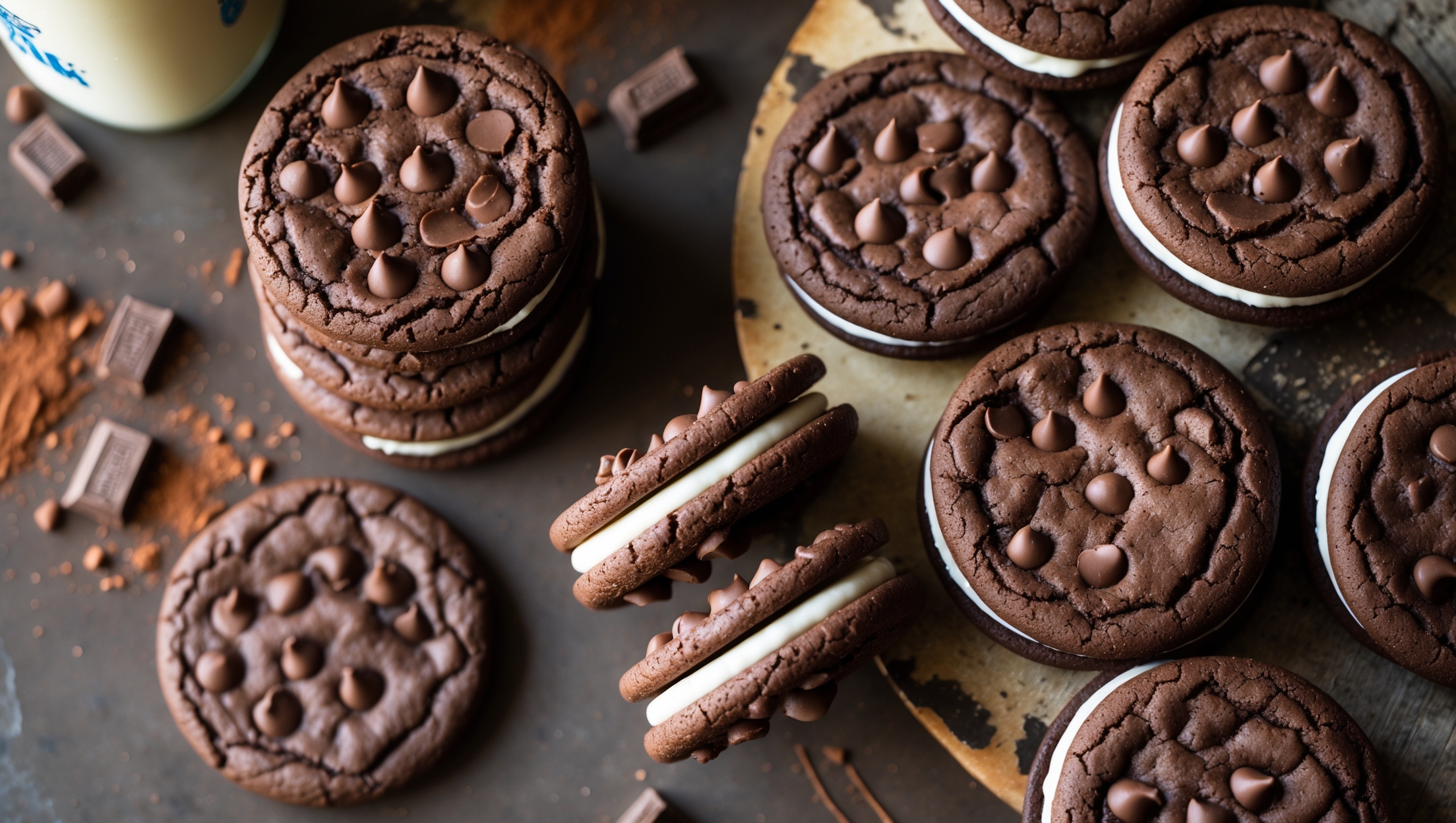 An overhead shot captures a tower of Chocolaty Double Cruncher Sandwich Cookies beside a scattered arrangement of individual cookies, some showing their cross-section with the creamy filling visible between the deeply dark chocolate cookie layers. Shot in warm natural light that accentuates the glossy chocolate chips and subtle cocoa dusting, the cookies rest on a distressed wooden board alongside a vintage milk bottle and scattered cocoa powder. The close-up reveals the perfect contrast between the slightly cracked, fudgy cookie exterior and the smooth, velvety filling, while crumbs suggest the promised crunch. Golden-hour lighting highlights the textural difference between the crisp edges and softer centers of these indulgent double chocolate sandwich cookies.