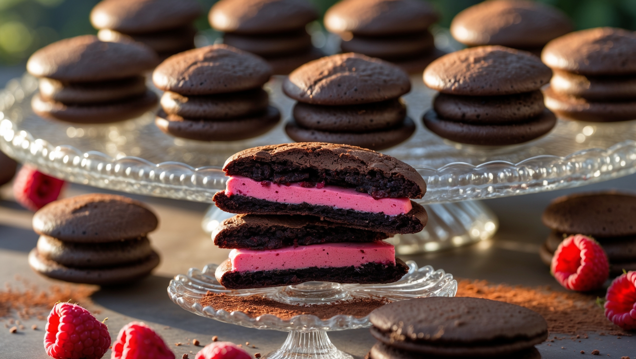 An overhead shot showcases a dozen chocolate-raspberry whoopie pies arranged in rows on a vintage milk-glass cake stand, with soft natural light highlighting their glossy, deep brown domes. A cross-section view reveals the vibrant pink raspberry buttercream center contrasting beautifully against the moist chocolate cookies. In the foreground, one whoopie pie sits on its side showing the generous filling, while fresh raspberries and cocoa powder are artfully scattered around the composition. Golden afternoon light catches the slight crackle on the cookie tops, emphasizing their cake-like texture and the tiny sugar crystals that add subtle sparkle.