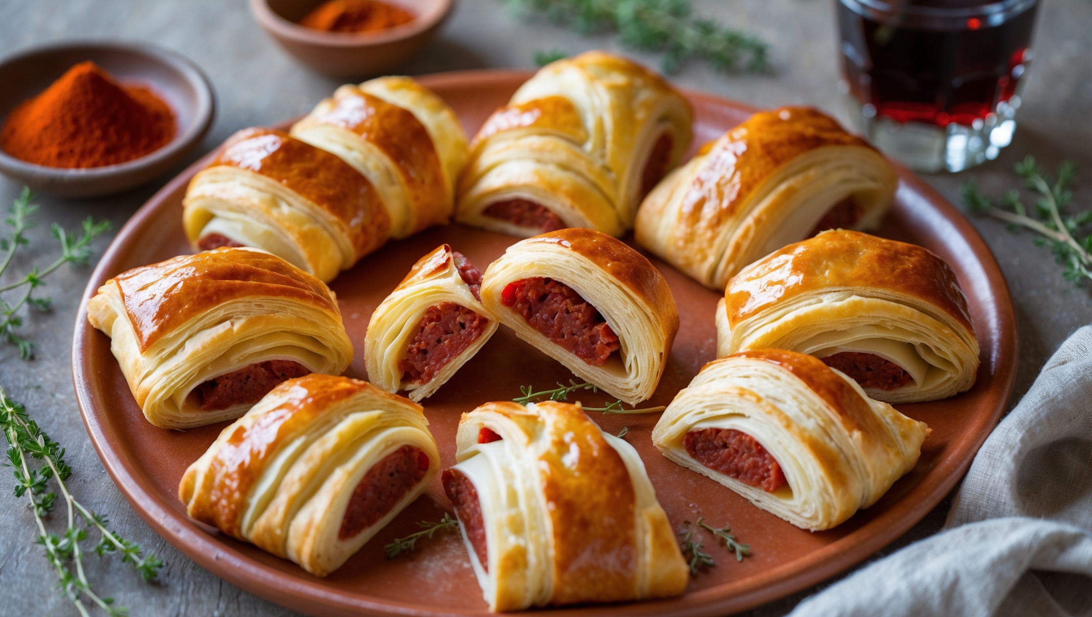 An overhead shot showcases golden-brown Chorizo and Manchego Twists arranged on a rustic terracotta serving platter, with several pieces broken to reveal the vibrant red chorizo and melted cheese layers within the flaky pastry. Soft natural light highlights the glossy egg-washed exterior and crisp, multi-layered edges. In the background, a small bowl of smoked paprika adds a pop of color, while scattered fresh thyme sprigs and a glass of Spanish rioja complete the Mediterranean scene. The close-up details capture both the delicate, buttery layers of the pastry and the savory filling that oozes slightly at the edges.