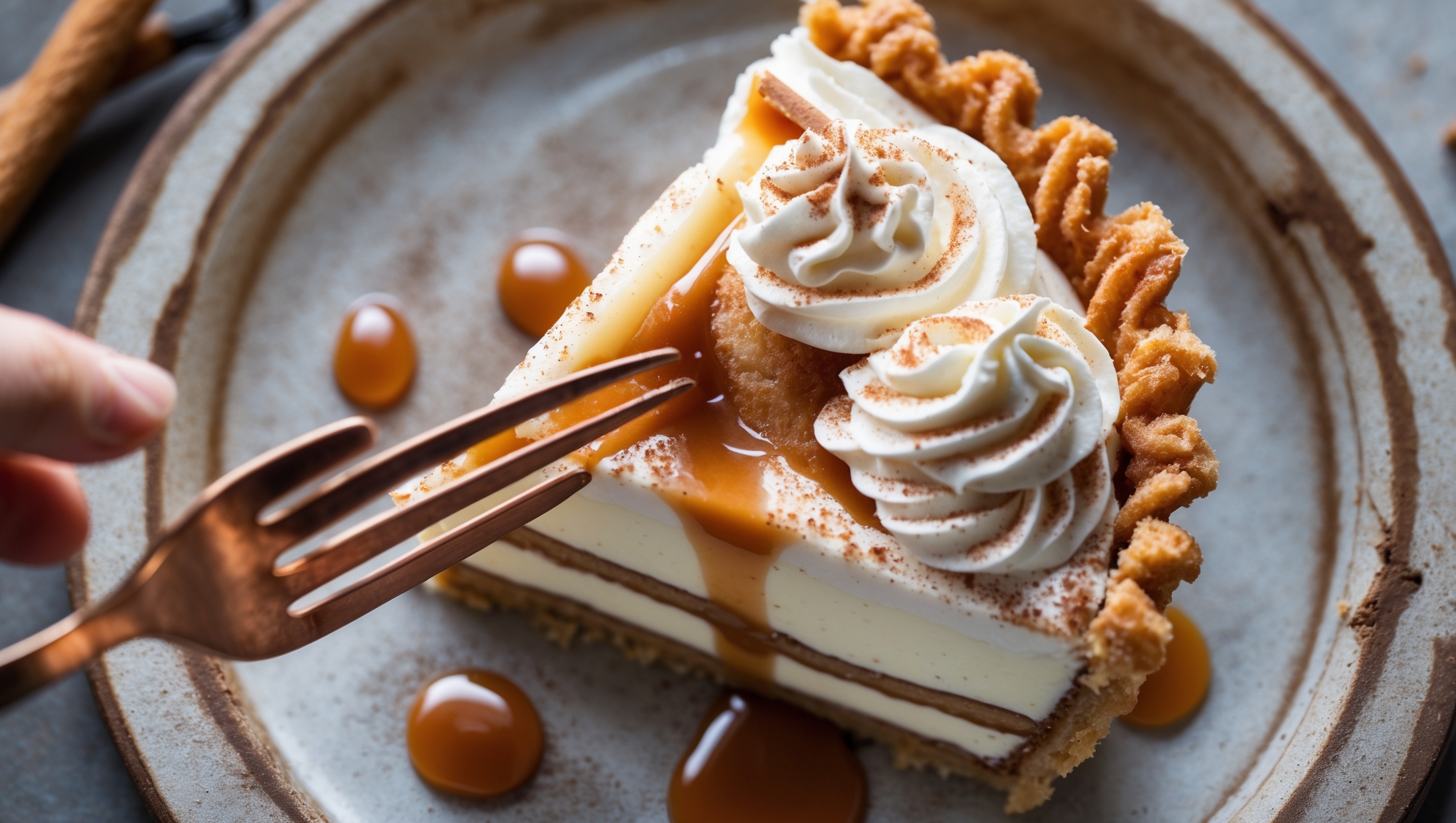 An overhead shot of a slice being pulled from a golden-brown churro pie, revealing layers of creamy vanilla custard beneath a swirl of cinnamon-speckled whipped cream. Soft natural light highlights the crispy, sugar-crystal-coated crust with its distinctive ridged pattern. Captured on a rustic ceramic plate with a copper fork pushing into the layers, creating a perfect cross-section view. A light drizzle of caramel-colored dulce de leche cascades down the slice, pooling slightly on the plate, while a few cinnamon sticks and vanilla beans are artfully scattered in the background to hint at the pie's key flavors.