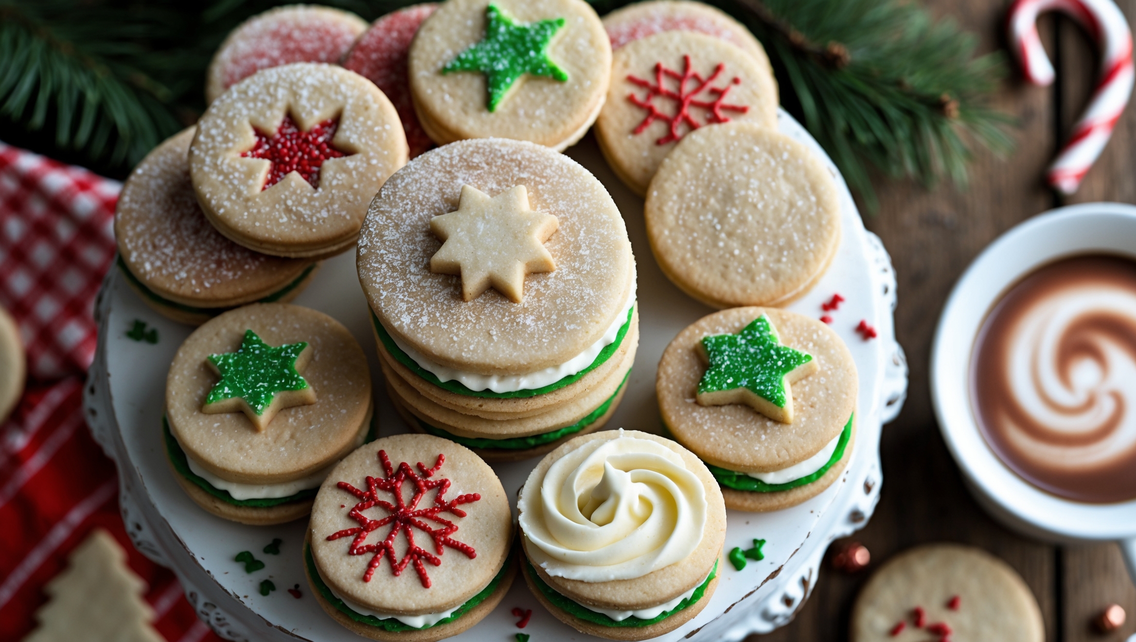 Overhead shot of Christmas sugar cookie sandwich cookies arranged in a circular pattern on a vintage white cake stand, with a few cookies stacked to showcase their creamy filling. Soft natural light highlights the cookies' sparkly sugar-dusted tops and intricate festive shapes (stars, trees, snowflakes). A close-up reveals the perfect thickness of smooth vanilla buttercream peeking from between the cookies. The scene is completed with scattered red and green sprinkles, a few evergreen sprigs, and a cup of hot chocolate with a candy cane stirrer in the background, all set on a rustic wooden table with a red checkered cloth.
