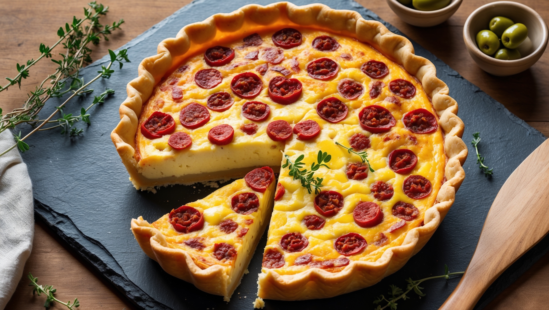 An overhead shot of the rustic Chorizo and Manchego Quiche showcasing its golden-brown pastry edge and vibrant filling speckled with red chorizo pieces and melted Manchego. A cross-section view reveals the perfect custard texture, neither too firm nor too runny. Styled on a weathered slate board with fresh thyme sprigs and small bowls of olives, the quiche is photographed in bright natural daylight that highlights the glistening top layer and flaky crust. A wooden serving utensil rests nearby, ready to cut into the still-warm quiche where the distinctive aroma of smoky paprika and aged cheese is almost palpable.
