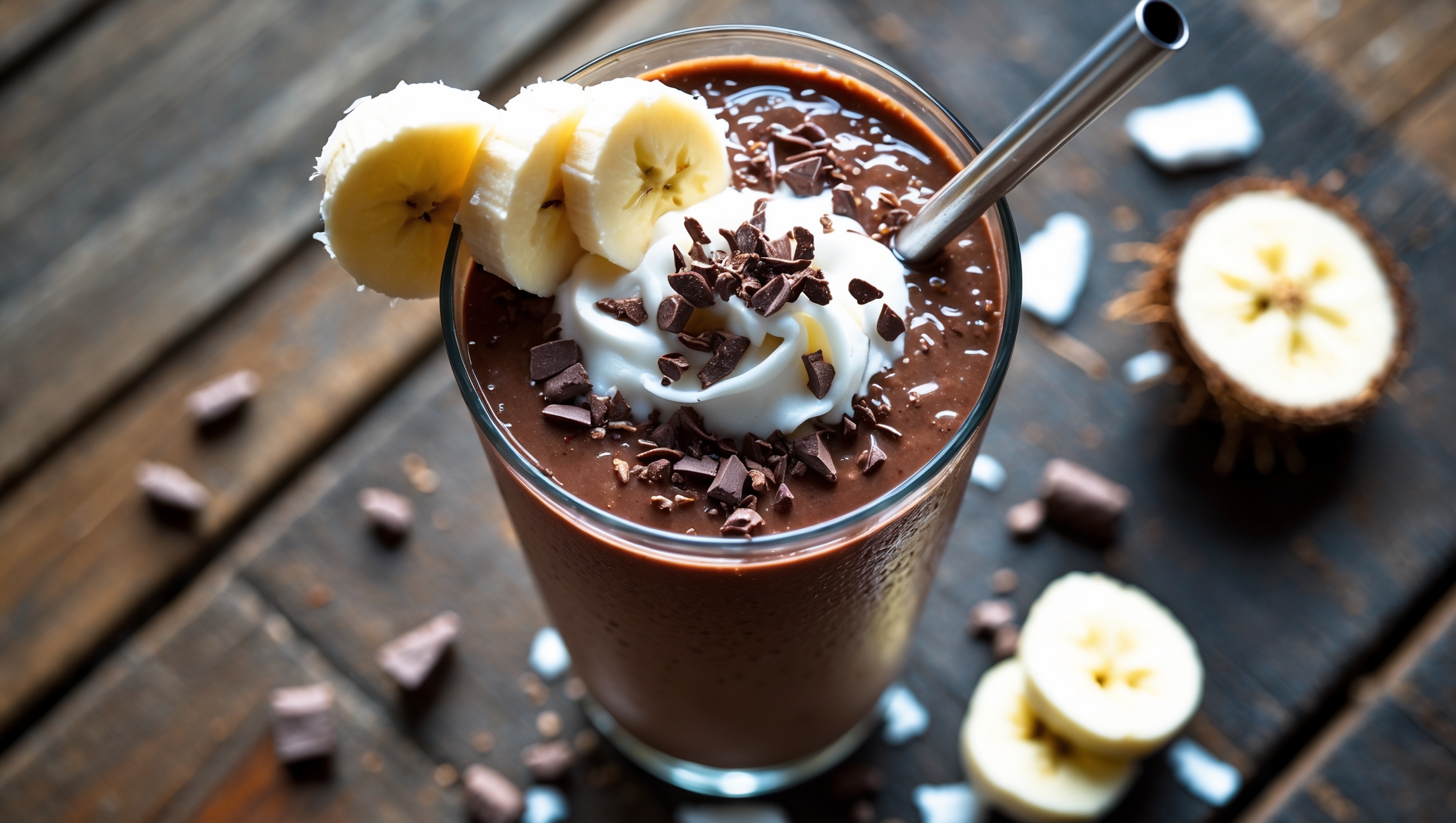 An overhead shot of a tall glass filled with a thick, chocolatey smoothie, its surface topped with a swirl of coconut cream and a sprinkle of dark chocolate shavings. The smoothie's rich brown color is broken by a slice of fresh banana artfully placed against the glass rim. Natural morning light streams across a rustic wooden table where the glass sits alongside scattered cacao nibs, coconut flakes, and a halved banana. A metal straw with a slight condensation sheen protrudes from the glass, emphasizing the smoothie's refreshing chill and creamy texture.