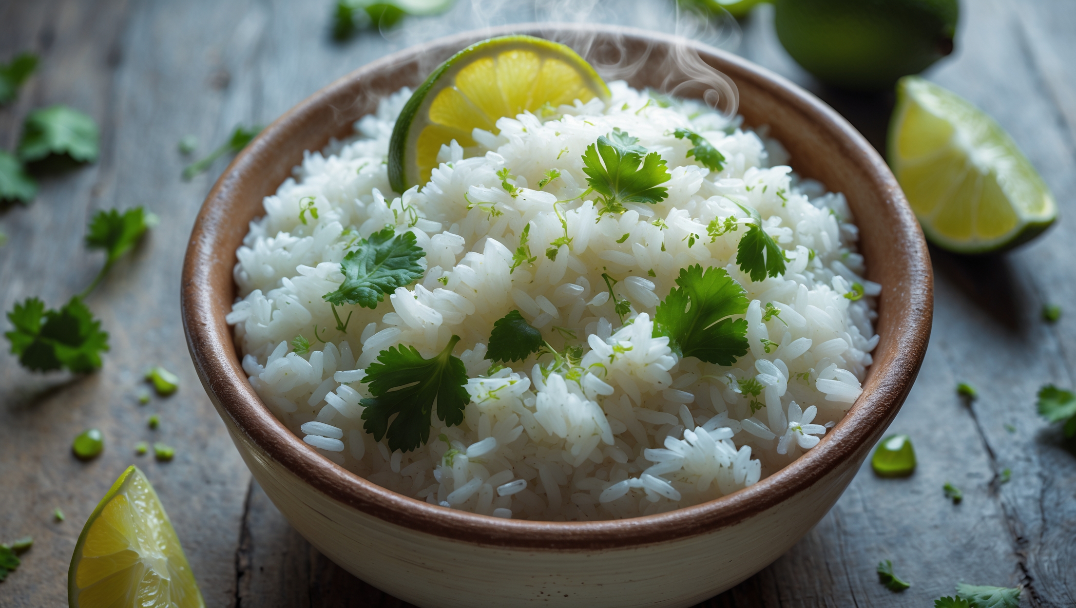 An overhead shot of fluffy, bright white jasmine rice flecked with vibrant green cilantro leaves and tiny specks of lime zest, served in a rustic earthenware bowl. A wedge of lime rests on the edge of the bowl, with droplets of lime juice glistening on the rice's surface. The scene is captured in soft natural light, with scattered cilantro sprigs and halved limes surrounding the bowl on a textured wooden table. Steam gently rises from the perfectly cooked grains, suggesting warmth and freshness, while the contrast between the white rice and green herbs creates a striking visual appeal.