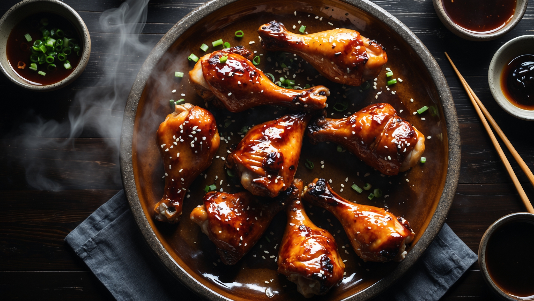 An overhead shot of glossy, mahogany-colored chicken drumsticks arranged on a rustic ceramic serving platter. The drumsticks glisten under warm lighting, highlighting their caramelized exterior while a light sprinkle of sesame seeds and finely chopped green onions adds contrasting color. The platter sits on a dark wooden table alongside small bowls containing extra dipping sauce. Steam gently rises from the chicken, and a pair of chopsticks rests nearby, suggesting the immediacy of enjoyment. The deep amber-brown glaze catches the light, revealing the sticky, reduced marinade that has created a perfect lacquer on the perfectly roasted skin.