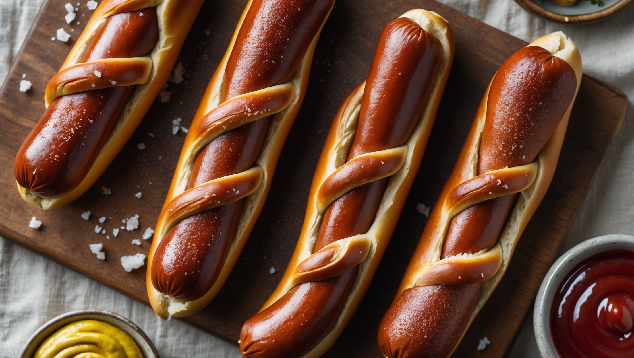 An overhead shot of six perfectly baked pretzel dogs arranged on a rustic wooden board, their surfaces glistening with a deep mahogany sheen from egg wash. A close-up reveals the distinctive pretzel pattern with its characteristic knots and twists enveloping high-quality hot dogs, their ends just visible. Soft natural light highlights the craggy salt crystals scattered across the deeply browned, slightly blistered crust. To one side, a small ceramic bowl of whole grain mustard sits beside another containing ketchup, with a few scattered pretzel salt crystals on the board suggesting homemade authenticity. The warm amber tones of the pretzels contrast beautifully with the rich red condiments, all photographed against a neutral linen backdrop that emphasizes the artisanal quality of these hand-crafted savory treats.