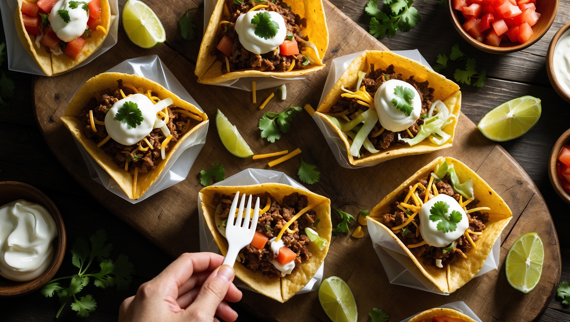 An overhead shot of colorful Walking Tacos arranged on a rustic wooden serving board, each small bag of corn chips split open to reveal layers of seasoned ground beef, melted cheese, shredded lettuce, diced tomatoes, and dollops of sour cream. The bags are positioned at various angles showing their contents, with some toppings artfully spilling onto the board. Scattered around are lime wedges, fresh cilantro sprigs, and small bowls of additional toppings. The warm, directional lighting highlights the vibrant colors and textures of the ingredients, casting subtle shadows that add depth to the composition. A hand enters the frame, demonstrating how to eat directly from the bag with a plastic fork.