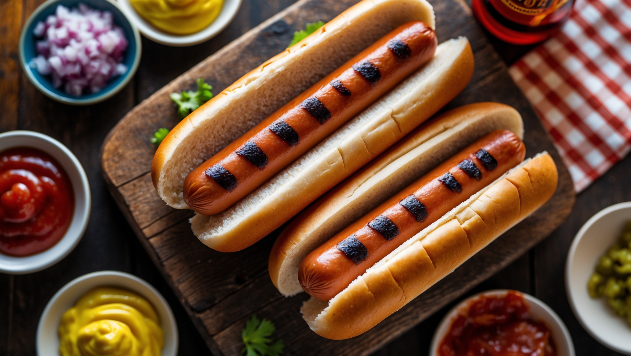 An overhead shot of perfectly cooked air fryer hot dogs arranged on a rustic wooden serving board. The hot dogs showcase attractive grill marks and a glistening, slightly crispy exterior that suggests juiciness within. Soft, lightly toasted buns are partially open beside them, ready for assembly. Colorful toppings are arranged in small bowls surrounding the board – bright yellow mustard, vibrant red ketchup, chopped onions, and relish. The warm, directional lighting highlights the appetizing texture of the hot dogs, making their surfaces appear almost caramelized. A checkered napkin and vintage-style soda bottle complete the casual, backyard barbecue aesthetic despite being cooked indoors.