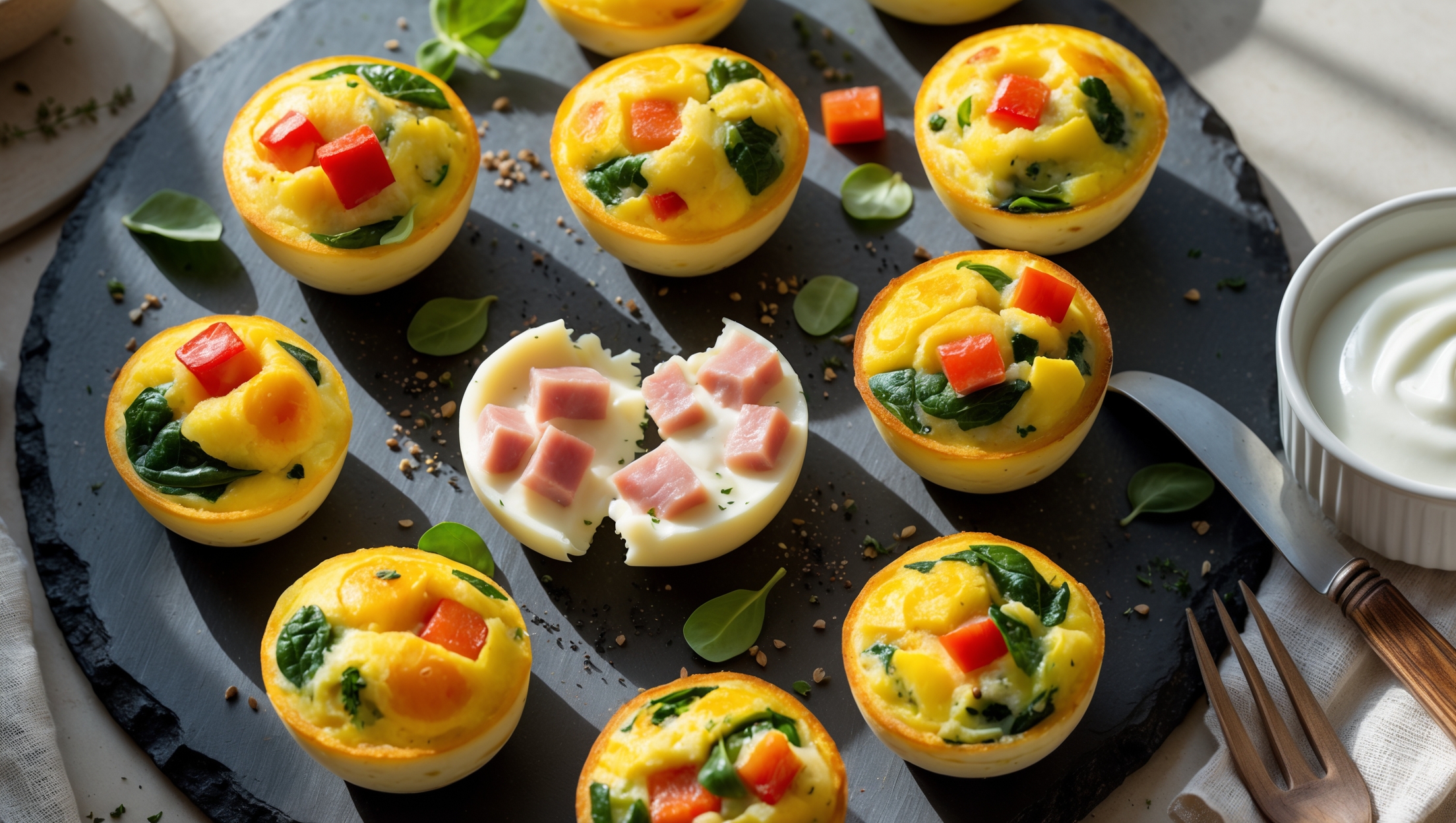 An overhead shot of golden-brown egg bites arranged on a slate serving board, their tops slightly puffed with visible specks of vibrant red bell peppers, green spinach, and protein-rich additions. A cross-section view reveals the moist, custard-like interior studded with melted cheese pockets and diced ham. The soft morning light creates gentle shadows highlighting the egg bites' tender texture, while scattered fresh herbs and a sprinkle of black pepper add visual interest. A small ramekin of creamy Greek yogurt sits alongside, with a vintage fork resting on a linen napkin, suggesting the perfect grab-and-go breakfast option for health-conscious eaters.