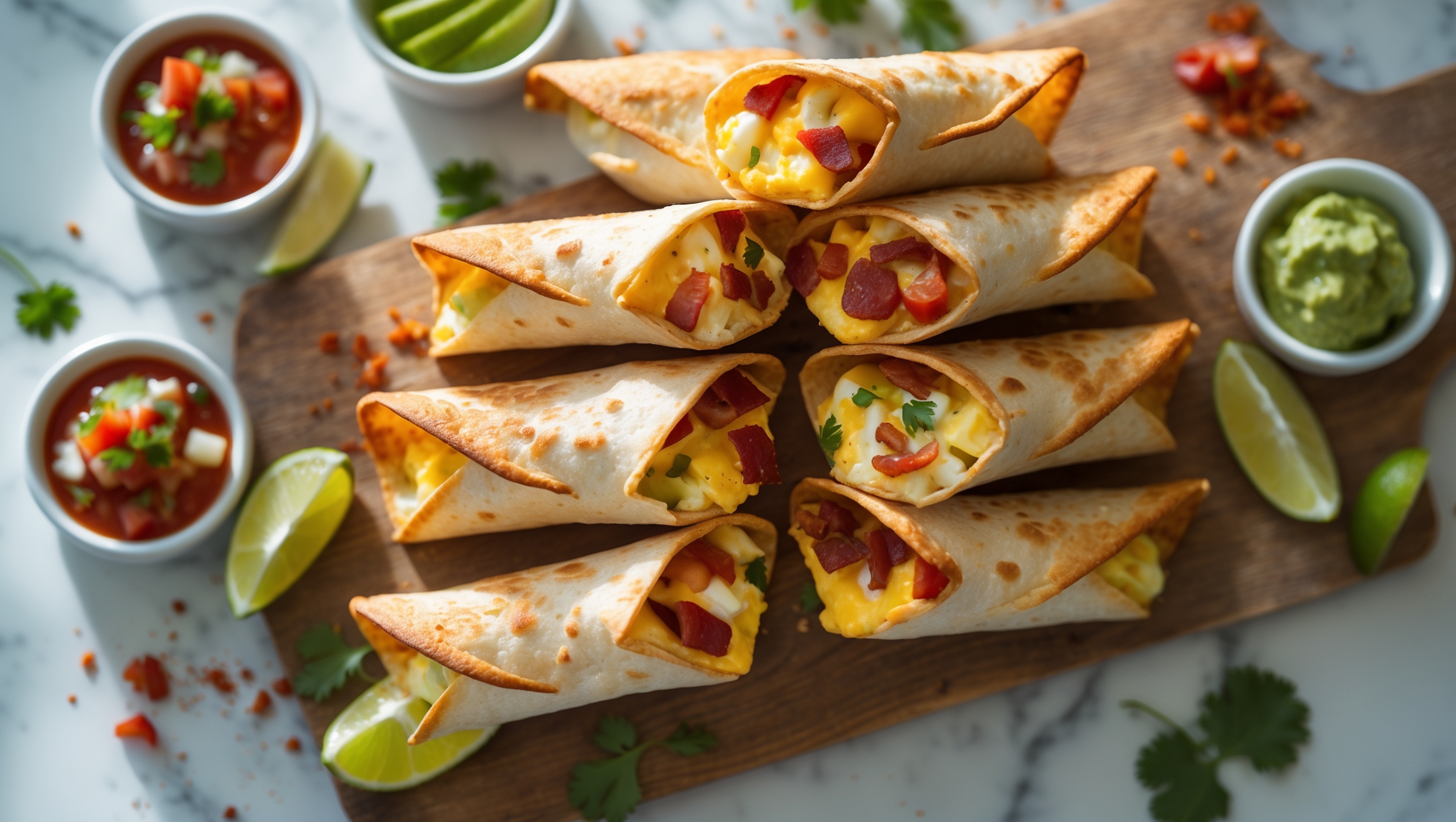 An overhead shot of golden-brown breakfast taquitos arranged in a staggered pattern on a rustic wooden serving board, with a cross-section view showcasing the fluffy egg and cheese filling studded with colorful vegetables and bacon bits. Soft natural morning light streams across the scene, highlighting the crispy, flaky texture of the baked tortillas and the melty cheese just peeking out from the ends. Small ramekins of fresh salsa, guacamole, and sour cream add vibrant color pops, while scattered fresh cilantro, lime wedges, and a light dusting of paprika complete the composition, all set against a light marble countertop that suggests a bright breakfast moment.