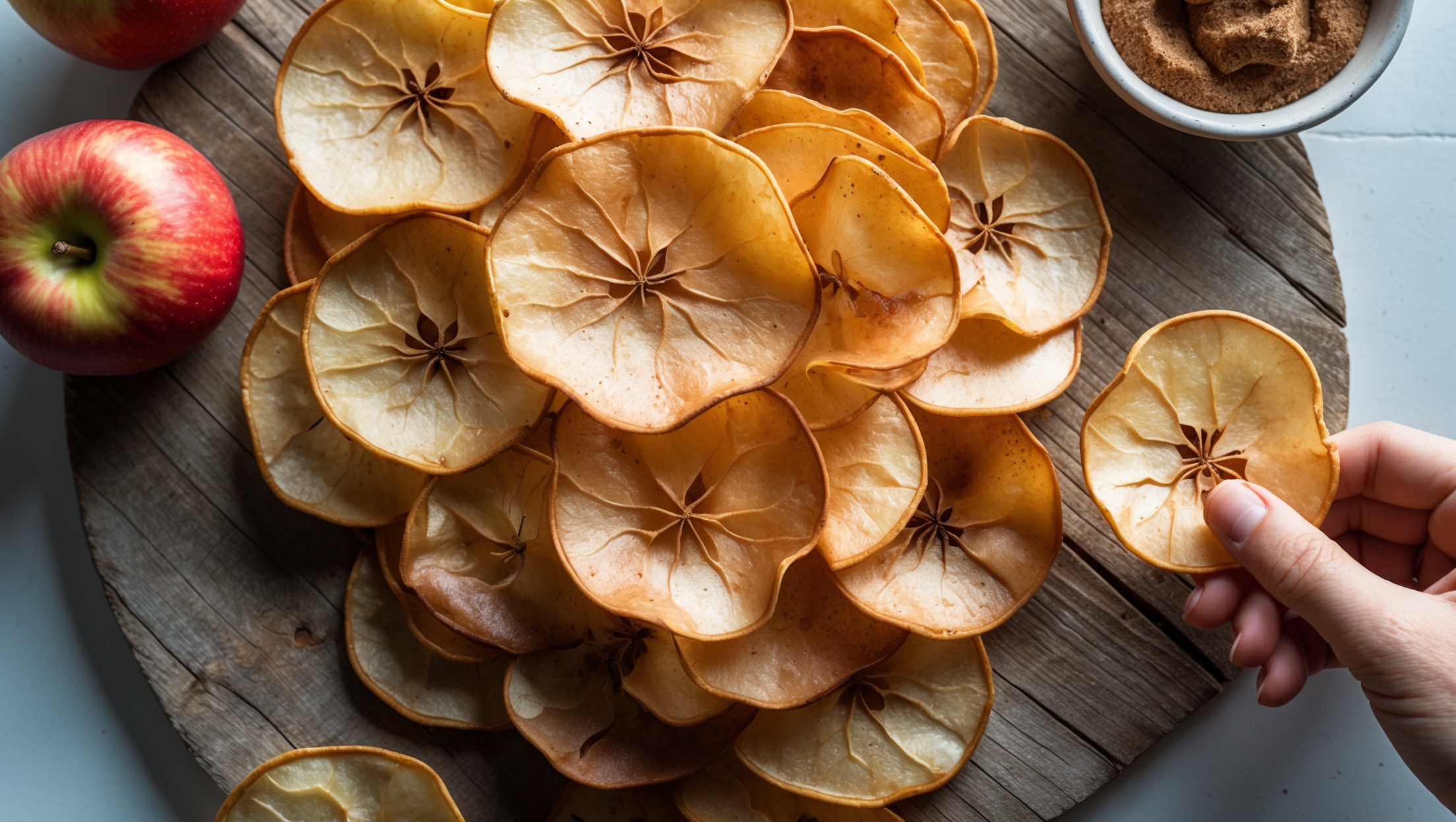 Overhead shot of perfectly crisp, wafer-thin apple chips arranged in an overlapping circular pattern on a rustic wooden board, their edges curling slightly upward. The chips display a gradient of amber hues, from golden edges to deeper caramelized centers, with visible speckles of cinnamon. Soft natural light streams across the scene, highlighting the translucent quality of the thinner slices that allows light to pass through. A small bowl of cinnamon sugar and a few fresh apples sit in the corner of the frame, providing context and color contrast. A hand reaches in to take a chip, emphasizing the perfect snap and crispness of these wholesome treats.