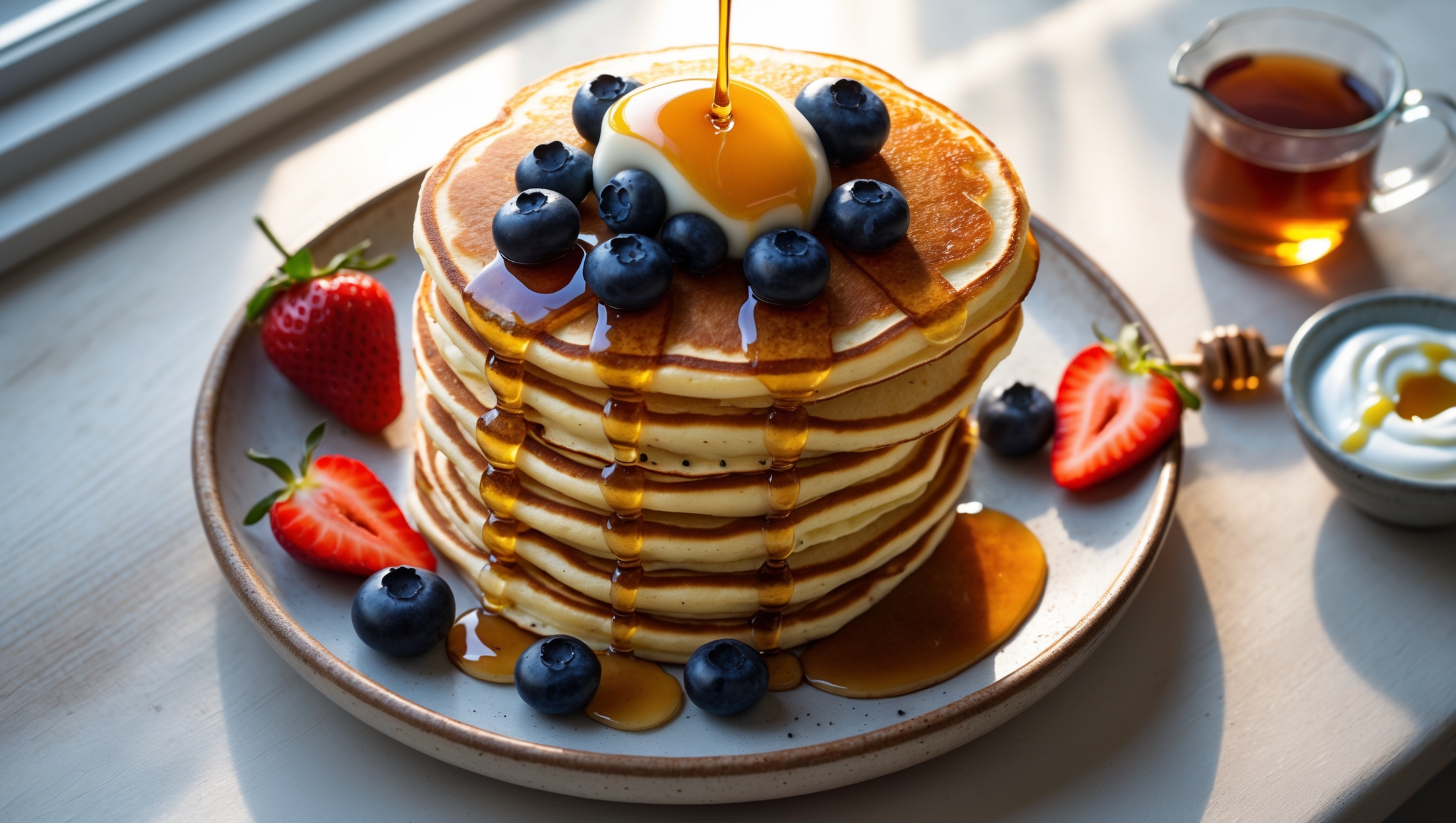 An overhead shot of a tall stack of golden-brown Greek yogurt pancakes on a rustic ceramic plate, slightly offset on a light wooden table. A cross-section view reveals their impressively fluffy interior structure while maintaining a satisfying density. Warm maple syrup cascades down the sides, creating appetizing glossy pools at the base. Fresh blueberries and sliced strawberries add vibrant color contrast against the pancakes' pale interior, with a few berries artfully scattered across the table. A small glass pitcher of additional syrup sits nearby, along with a dollop of extra Greek yogurt sprinkled with honey. The soft morning light streams through a window, highlighting the steam still rising from these freshly-cooked pancakes, suggesting their warmth and inviting aroma.