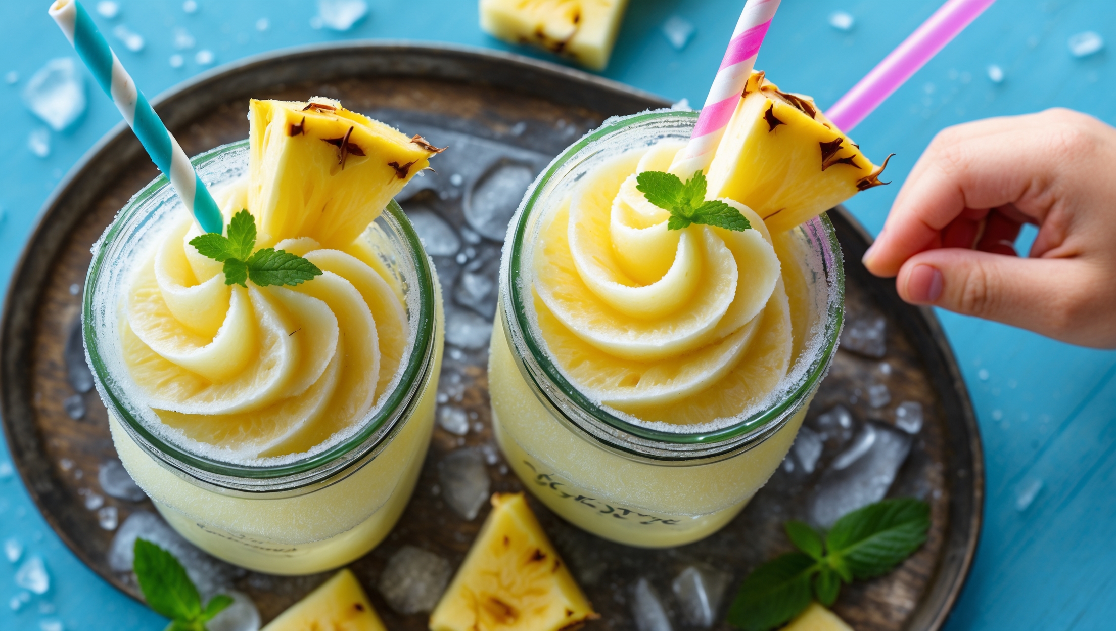 An overhead shot of two mason jars filled with swirled pale yellow frozen pineapple whip, topped with small pineapple wedges and colorful paper straws. The drinks sit on a rustic wooden tray against a bright blue backdrop, with scattered fresh pineapple chunks and mint leaves around the base. Soft natural lighting highlights the frosty texture and tiny ice crystals on the glasses' exterior, while a child's hand reaches for one jar, suggesting the perfect family treat. Condensation beads on the glass surface capture the refreshing chill of this simple blended treat.