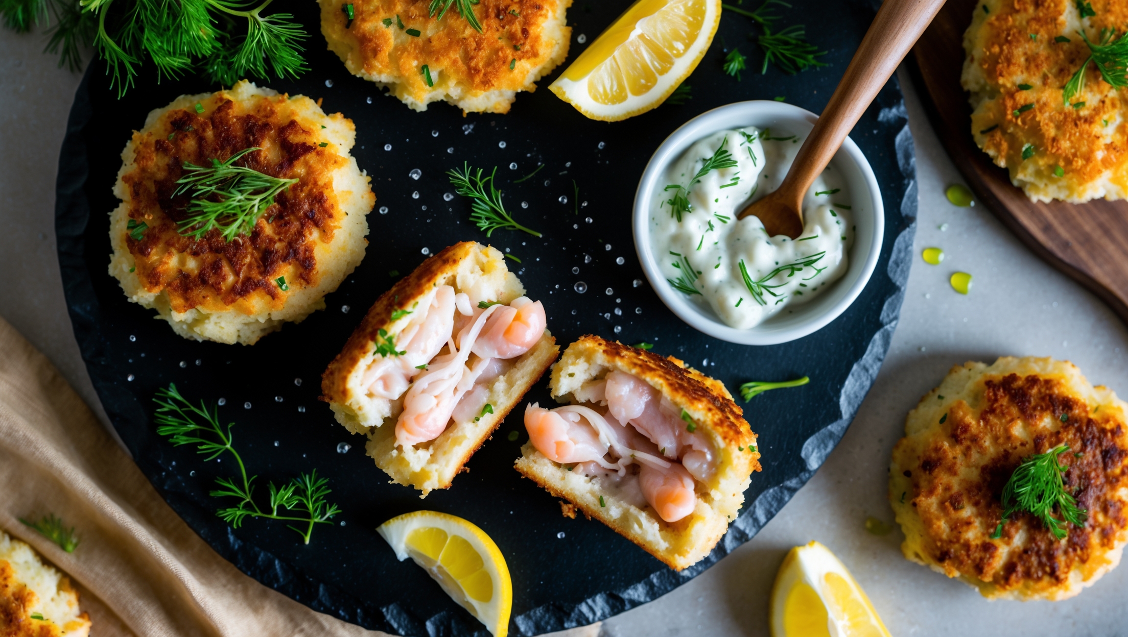 An overhead shot of golden-brown prawn fishcakes arranged on a rustic slate serving platter, with a cross-section view revealing the moist, pink-flecked interior. The fishcakes are photographed in soft natural light that accentuates their crispy, breadcrumb-coated exterior. A wedge of lemon and a small ramekin of homemade tartar sauce sit alongside, with scattered fresh dill and parsley adding vibrant green accents. Tiny droplets of olive oil glisten on the surface of the fishcakes, while a wooden serving fork partially enters the frame, suggesting the irresistible appeal of these savory treats.