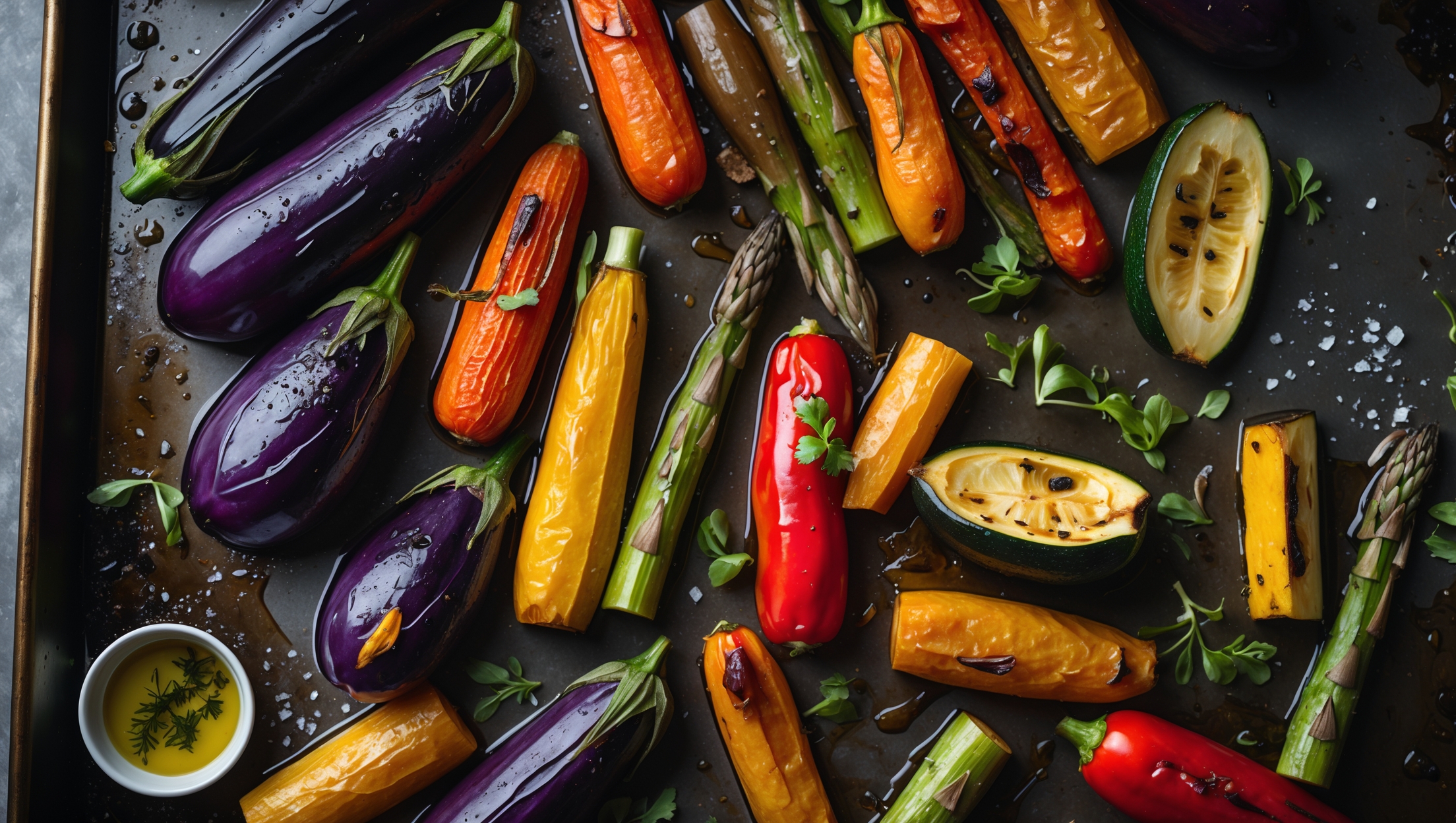 An overhead shot of a rustic sheet pan filled with beautifully roasted vegetables in varying jewel tones - deep purple eggplant, orange carrots, red bell peppers, yellow zucchini, and green asparagus. The vegetables glisten with olive oil, displaying charred edges and caramelized surfaces that capture the perfect balance of tenderness and texture. Scattered fresh herbs provide bright green accents against the rich, roasted colors. The composition is captured in soft natural light that highlights the crispy, caramelized edges and shows wisps of steam rising from the just-out-of-the-oven vegetables. Flakes of sea salt and cracked black pepper are visible, with a small ramekin of herb-infused oil positioned in the corner for drizzling.