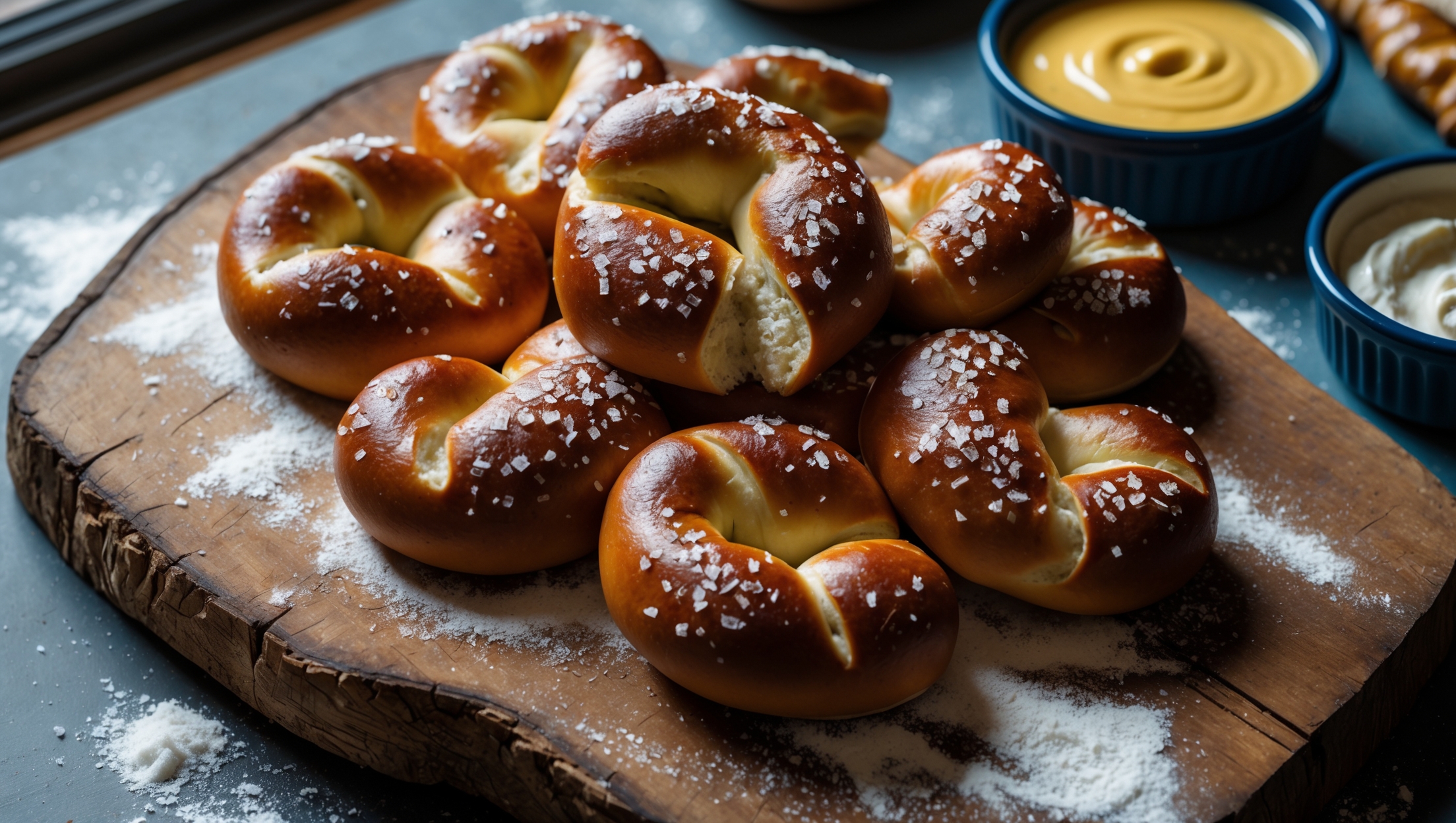 Overhead shot of golden-brown soft pretzel bites arranged on a rustic wooden board, their surfaces glistening with coarse salt crystals that catch the soft natural light streaming through a kitchen window. A small ramekin of whole grain mustard sits nestled among the bites, with a second dish of rich beer cheese dip positioned at the corner. The pretzel bites display beautiful mahogany exteriors with lighter scores where they've expanded during baking, their interiors revealing a soft, pillowy texture where one has been torn open. A light dusting of flour on the wood and a small bowl of pretzel salt in the background create an artisanal bakery atmosphere, while the warm amber tones of the pretzels contrast beautifully with the deep blue ceramic serving dishes.