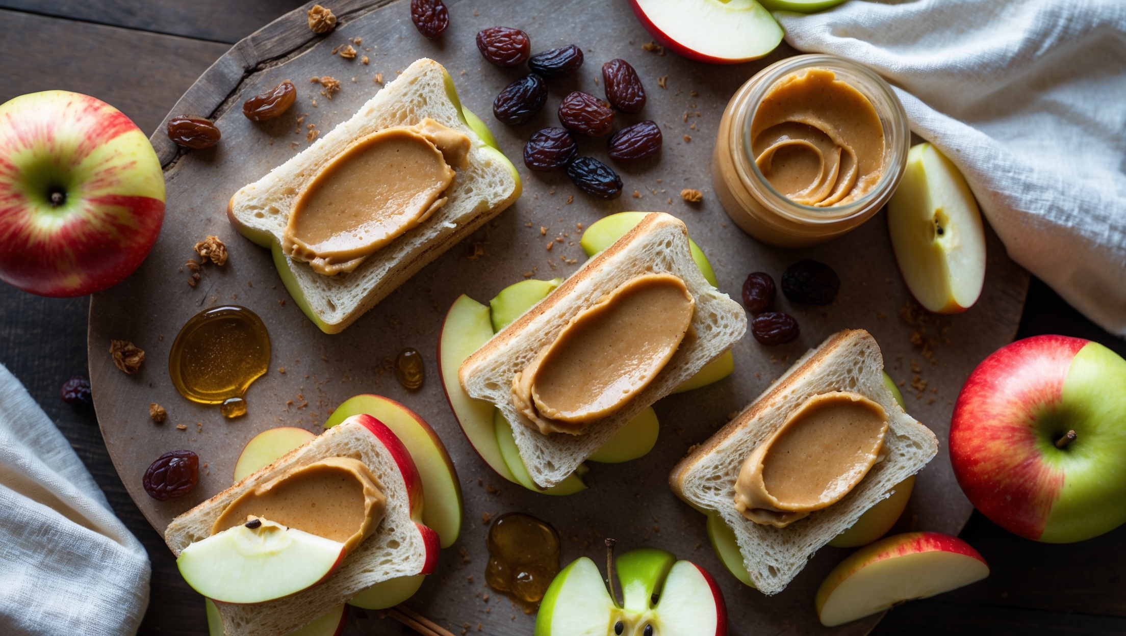 An overhead shot of apple sandwiches arranged on a rustic wooden board, with sunflower seed butter oozing slightly between the bright red and green apple slices. The natural light highlights the golden hue of the sunflower seed butter and the wrinkled texture of raisins nestled between the layers. Scattered whole raisins, apple slices, and a small jar of sunflower seed butter sit alongside, while a drizzle of honey glistens on one sandwich. A linen napkin in soft cream adds warmth to the composition, with a hint of cinnamon dust visible on the surface of some sandwiches.
