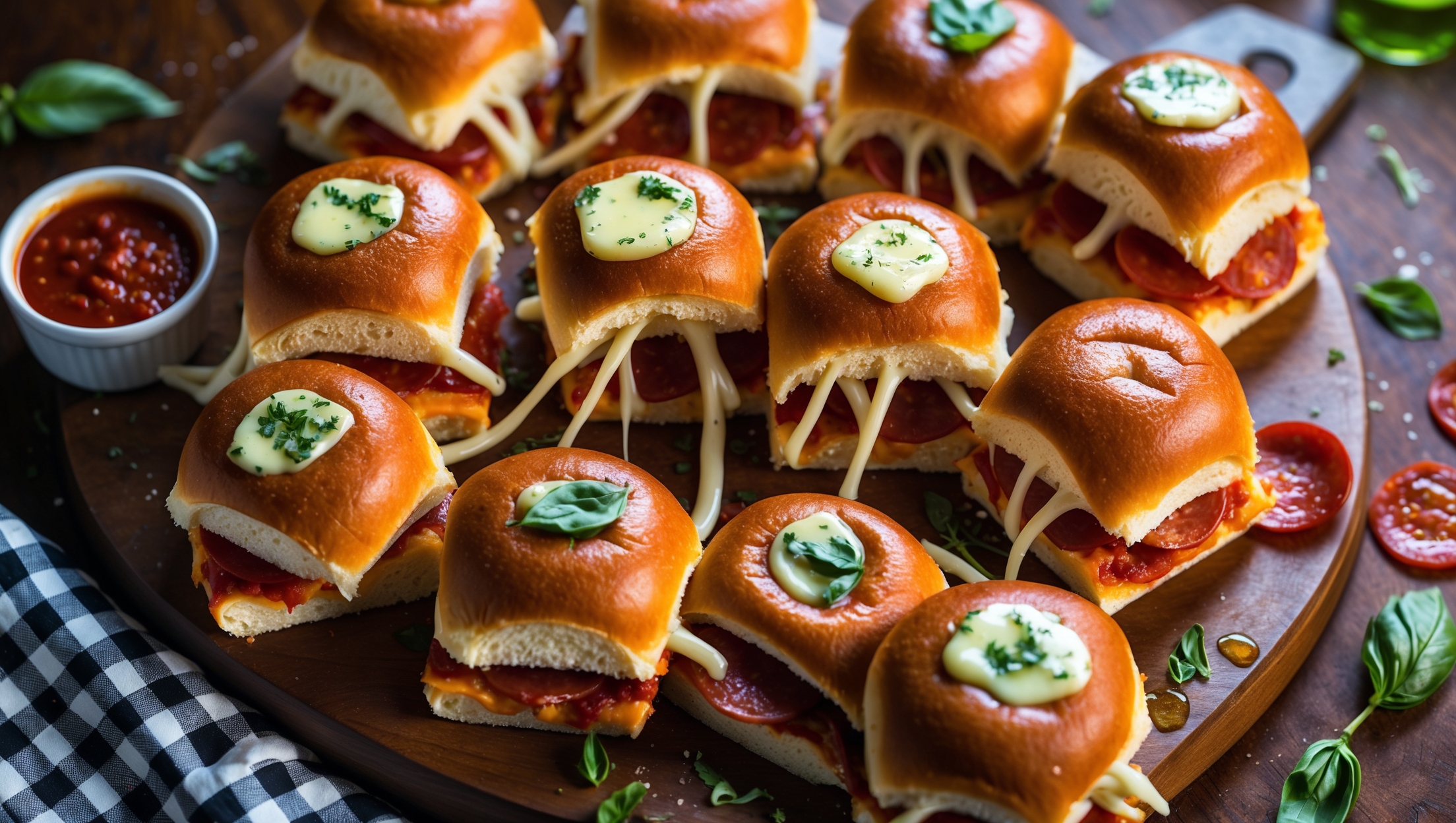 An overhead shot of a wooden serving board displaying a dozen golden-brown pepperoni pizza sliders, several pulled slightly apart to reveal the stretchy mozzarella cheese connecting them. The tops glisten with herb butter, and crispy-edged pepperoni peeks out from beneath the buns. Scattered basil leaves and a small ramekin of extra marinara sauce add vibrant color contrast. A warm, directional light highlights the butter-brushed tops and melted cheese strands, while brick red pepperoni oil creates appetizing specks on the serving board. In the background, faded herbs and a checkered napkin create an Italian pizzeria atmosphere, with one slider lifted to showcase the layers of sauce, cheese, and pepperoni inside.