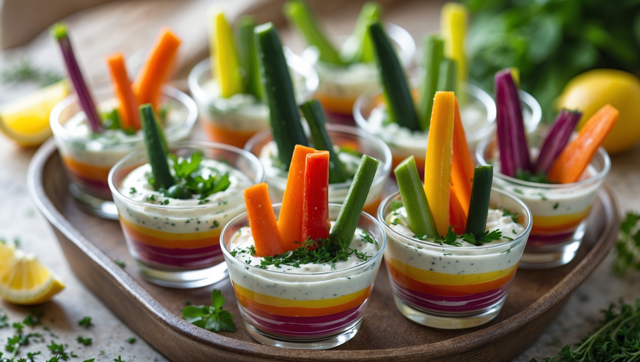 An overhead shot of clear individual cups showcasing vibrant layers of creamy dip and colorful vegetables. The cups are arranged on a rustic wooden serving tray in soft natural light, highlighting the contrast between the smooth white dip and the crisp rainbow of vegetables standing upright. Close-up details reveal the herbs speckling the creamy mixture, while droplets of moisture on freshly cut vegetables suggest garden-fresh crispness. Background elements include scattered fresh herbs, lemon wedges, and a few whole vegetables, emphasizing the freshness and healthy appeal of these portable snacks.