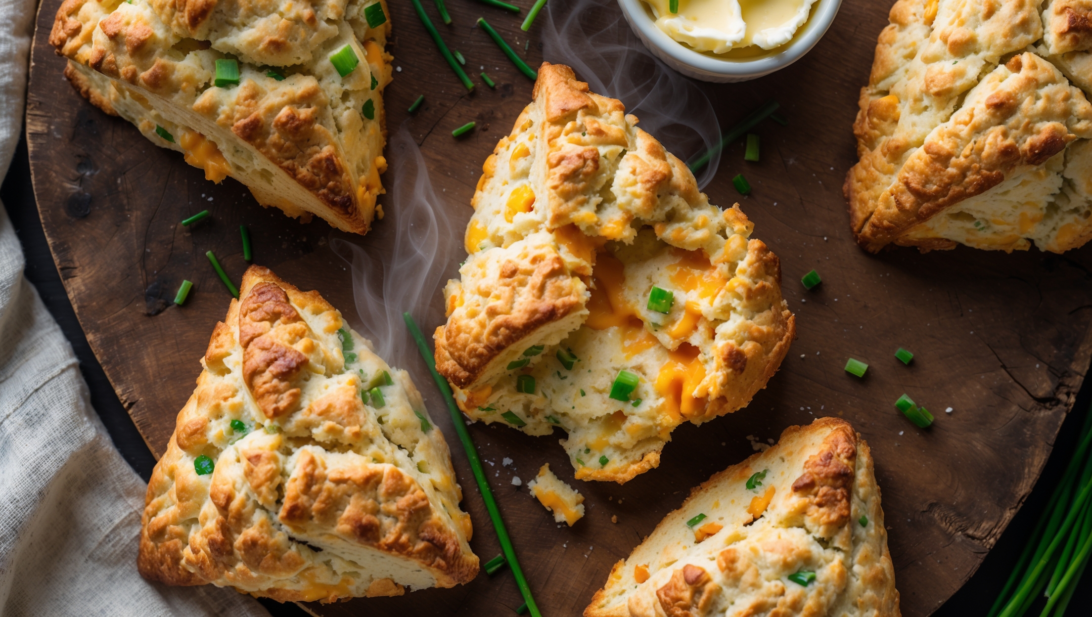 An overhead shot of golden-brown triangular scones arranged on a rustic wooden board, with flaky layers visible and melted cheese bubbling on top. The cross-section reveals pockets of vibrant green chives and orange cheddar marbled throughout the crumbly interior. Soft natural light highlights the crisp edges and buttery sheen, while a small ramekin of sea salt butter sits alongside. Some fresh chives are scattered artfully across the board, with a vintage linen napkin adding texture to the composition. Steam gently rises from a freshly broken scone, revealing its warm, tender center.